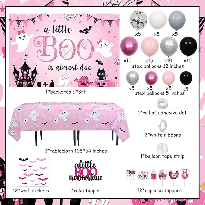 Generic Halloween Baby Shower Decoration Set, A Little Boo Is Almost Due Party Supplies with Balloons and Backdrop (Pink, 115 Piece Set) hzk1g