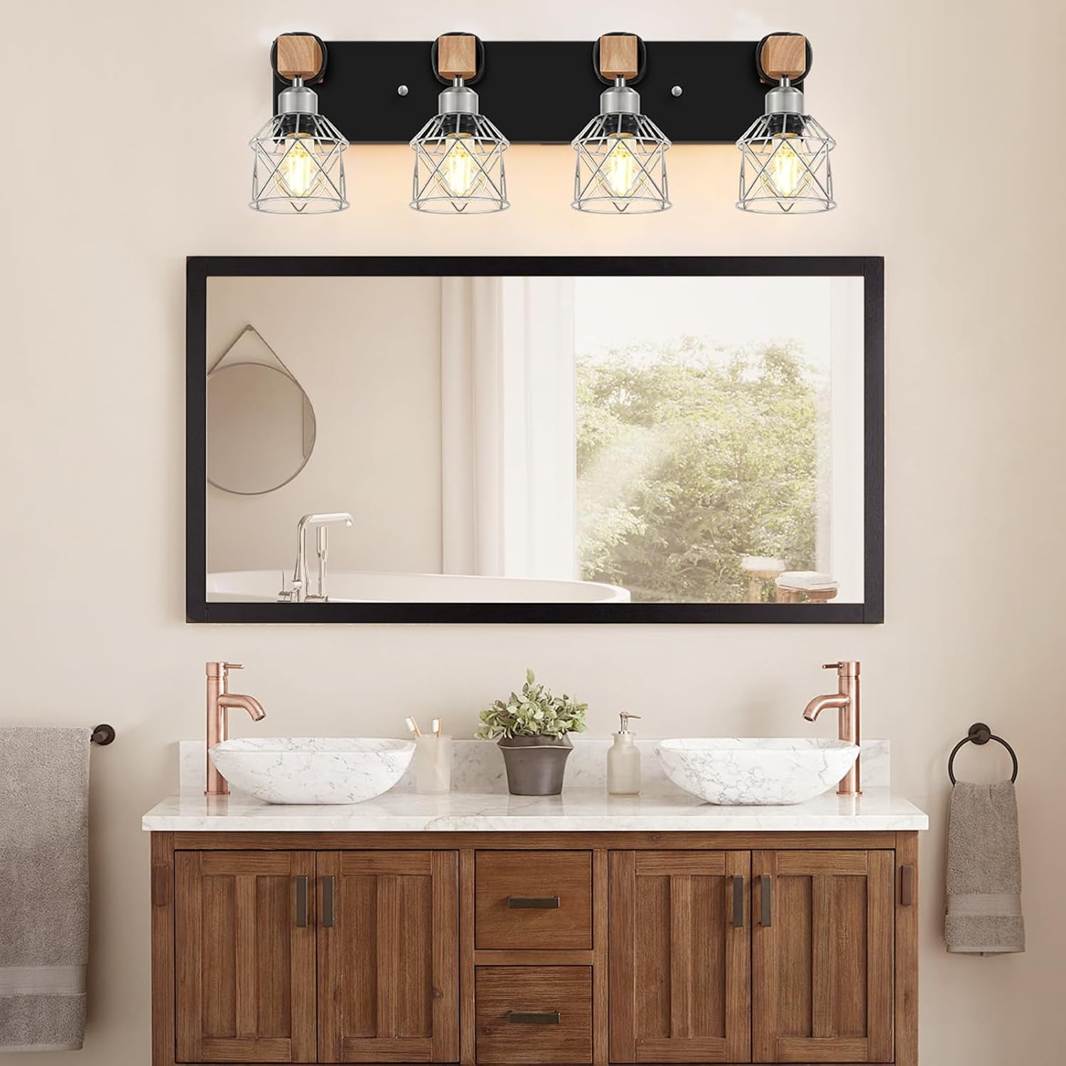 Licperron 4-Light Farmhouse Vanity Lighting, Rustic Wood and Metal Cage Wall Sconce (Black, 25.6 in) 4tl37