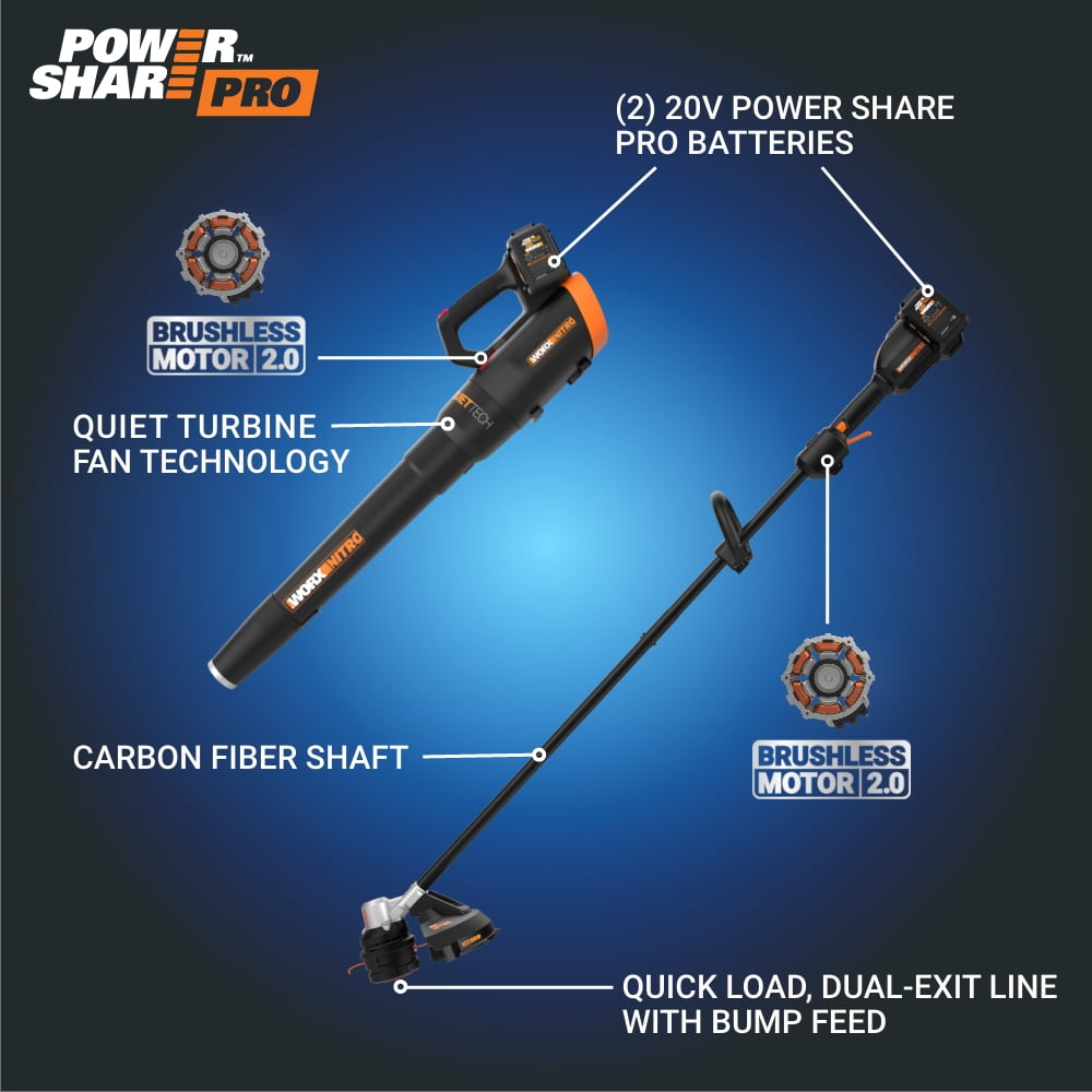 Worx Nitro 40V Quiet Tech Leaf Blower and 15 in Cordless String Trimmer Combo Kit (Black, 2-Piece Set) 1pbq0