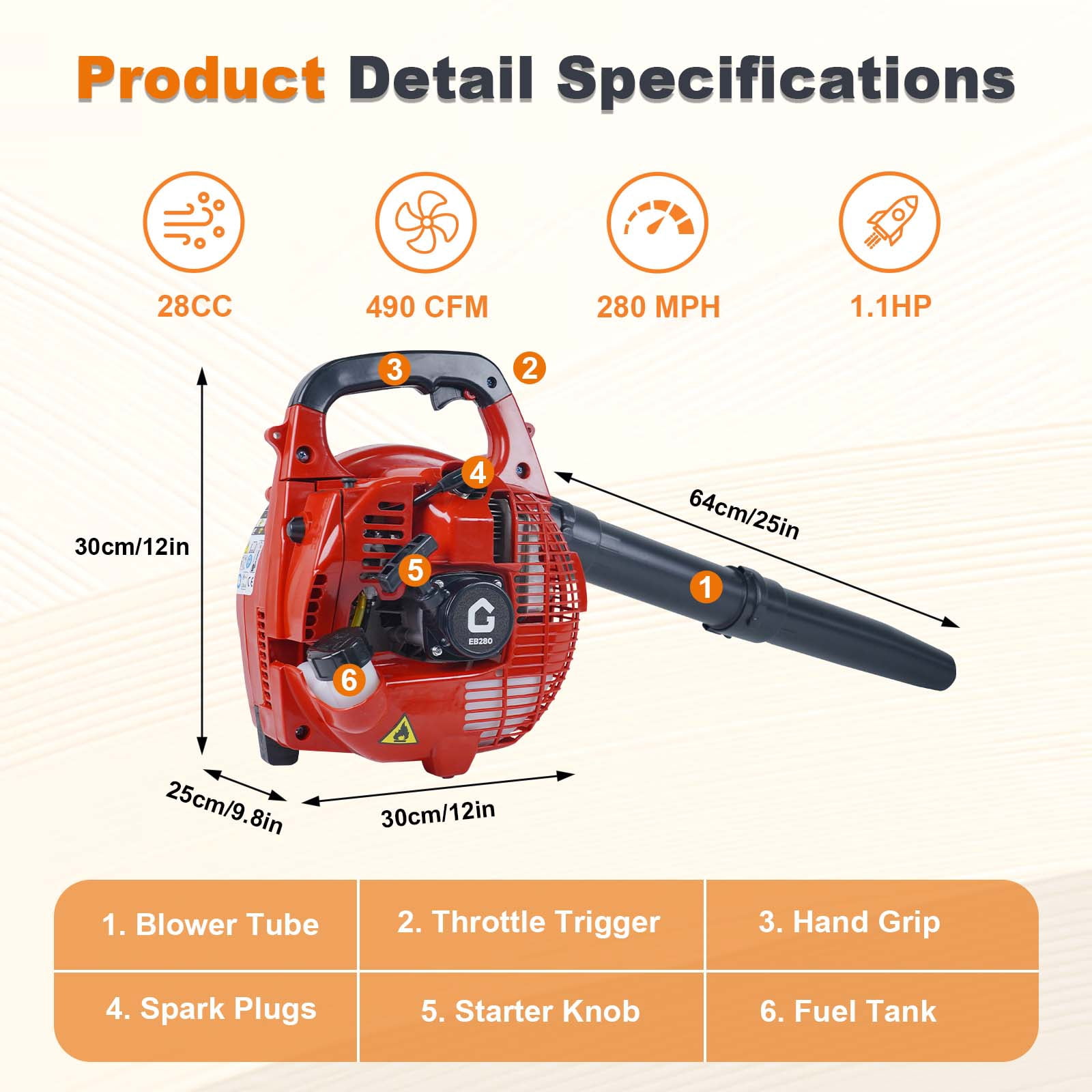 WildBreak Handheld Gas Leaf Blower, Powerful 28cc Engine, 490 CFM Air Volume, 180 mph Air Speed (Red) h5q2p