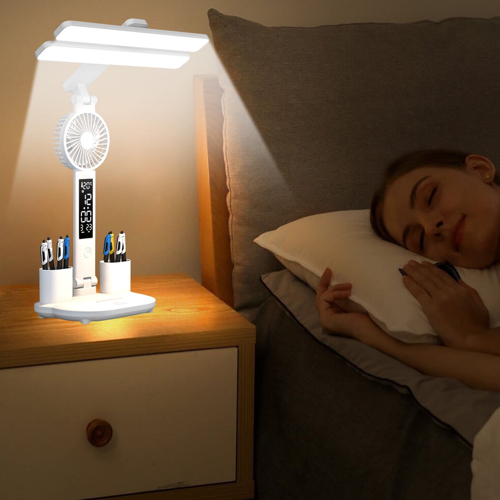 FYTPOV LED Desk Lamp with Pen Holder, Fan, and Clock (Foldable, White) ycyff - Image 5