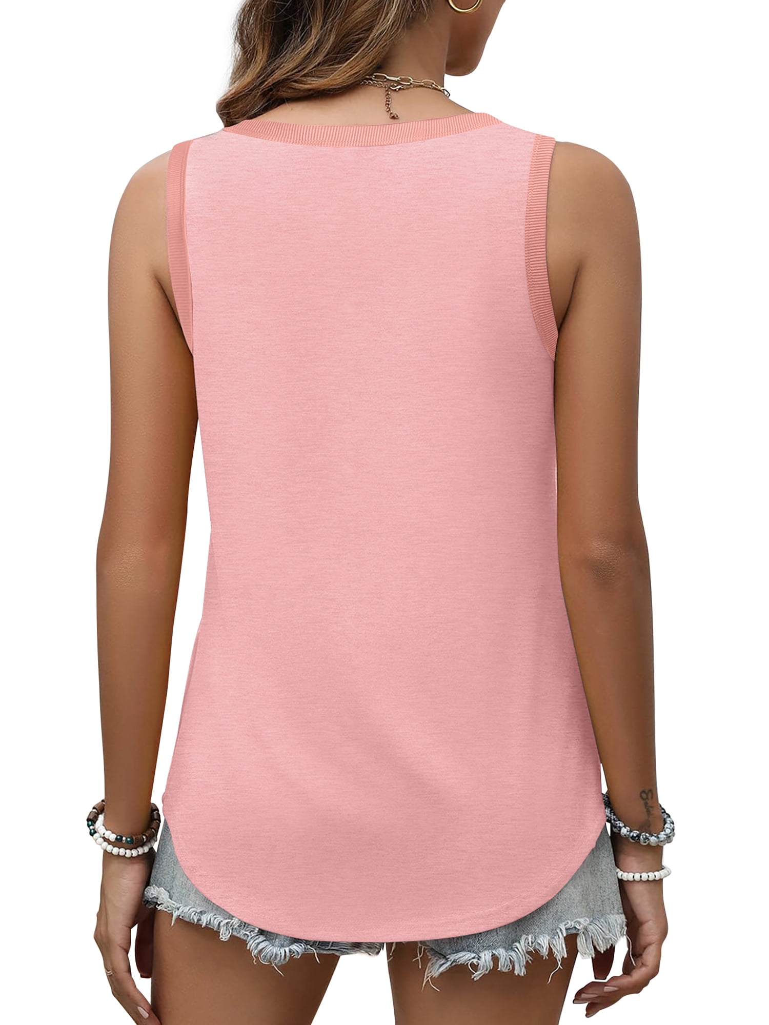 MOSHU Women's Ribbed Tank Top Flowy Round Neck Sleeveless Summer Shirt (Pink, L) m3u3u