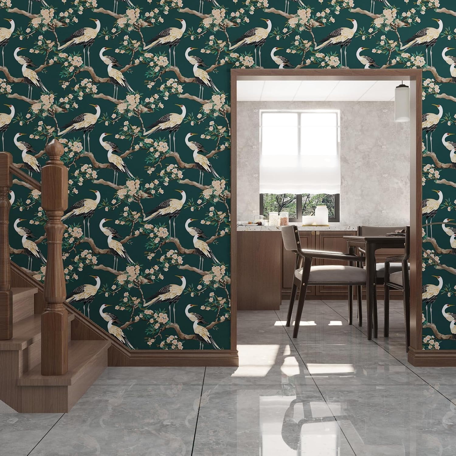 Usachibb Peel and Stick Wallpaper, Crane Bird Floral Contact Paper (Dark Green, 17.5 in x 118 in) 8ncdf