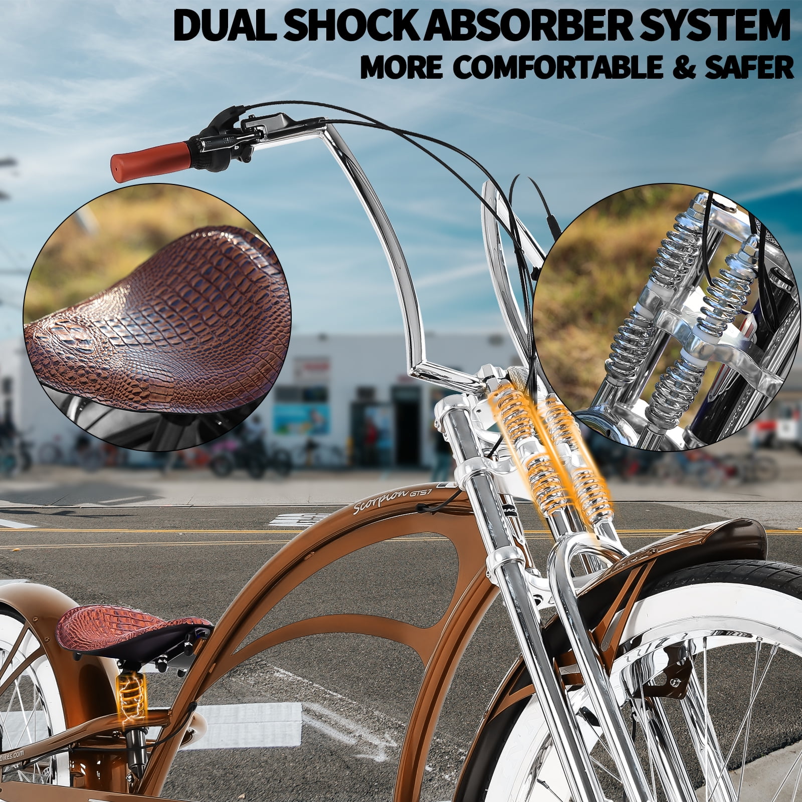 Tracer Bikes Scorpion GTS 26 in Stretch Beach Cruiser Bike (7-Speed, Suspension Fork, Disc Brake, Black) ewj6b