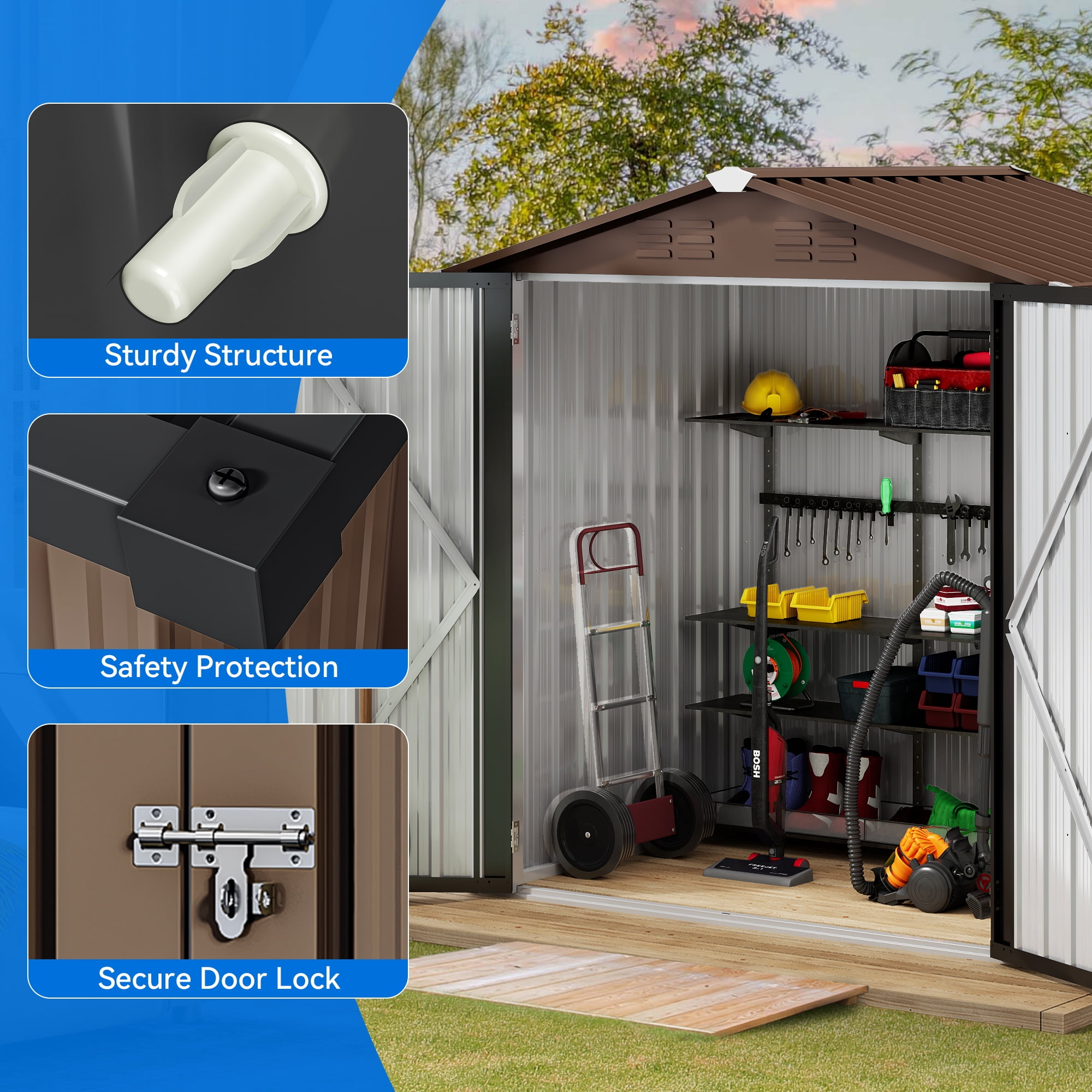 Dextrus Outdoor Storage Shed, Heavy Duty Galvanized Steel Garden Tool House with Lockable Door and Air Vents (Brown, 6 ft x 4 ft) jhe9q