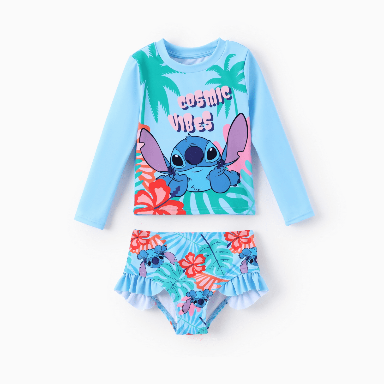 Disney Stitch Girls Swimsuit 2-Piece Rash Guard Set (Blue, Size 3-13) j0tfl