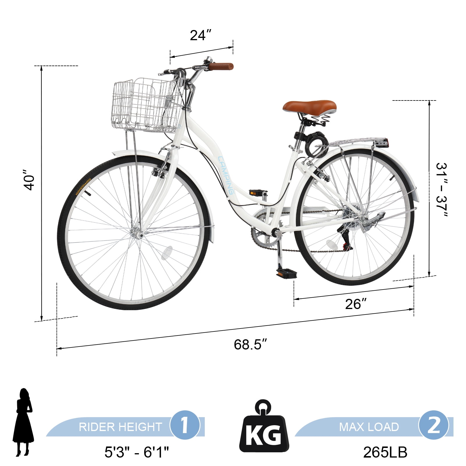 Ktaxon 26 in Women's 7-Speed Cruiser Bike, Step-Through City Bicycle with Basket and Rear Rack (White, 26 in) 3ajqc