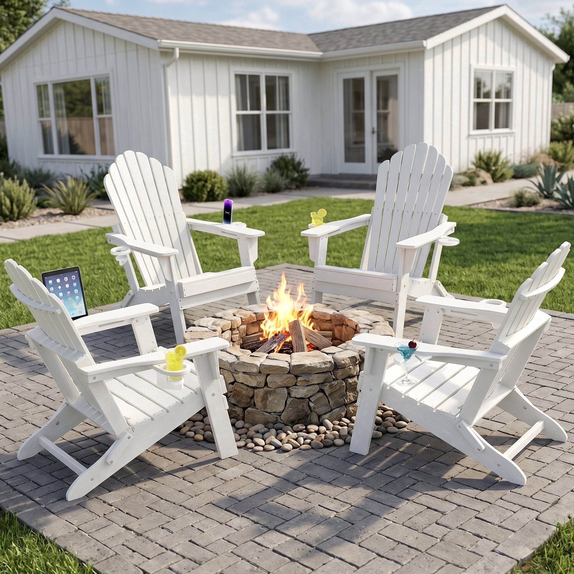 Cobiod Oversized Folding Adirondack Chairs, All-Weather HDPE Patio Seating with Dual Cup Holders (White, Set of 4) lss5e