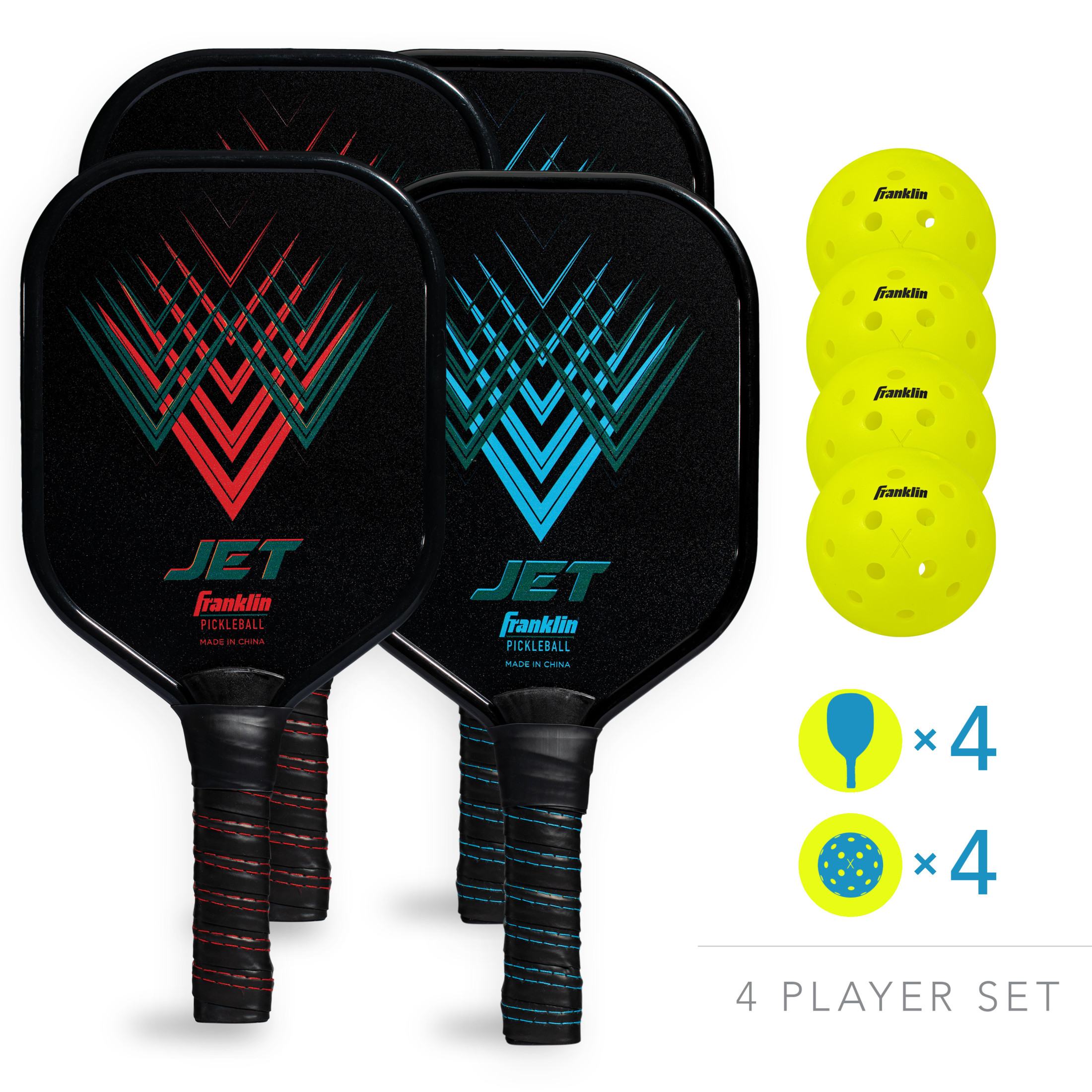 Franklin Sports Jet Pickleball Paddle Set, Tournament-Grade Equipment with Non-Slip Grip (Blue/Red, 4-Paddle Pack) fcwp5