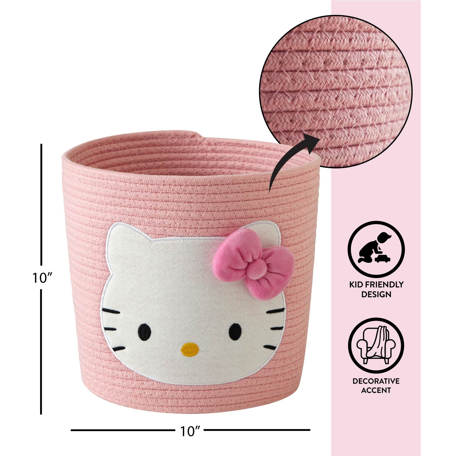 Hello Kitty Kids Rope Storage Bin Decorative Organizer for Nursery and Playroom (Pink, 10 in x 10 in) sx95b