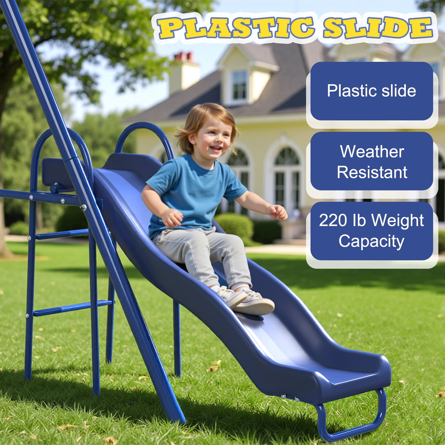 SMkidsport Metal Swing Set with Slide and 6ft Climbing Dome (Blue, 500 lb Capacity) zyj0v