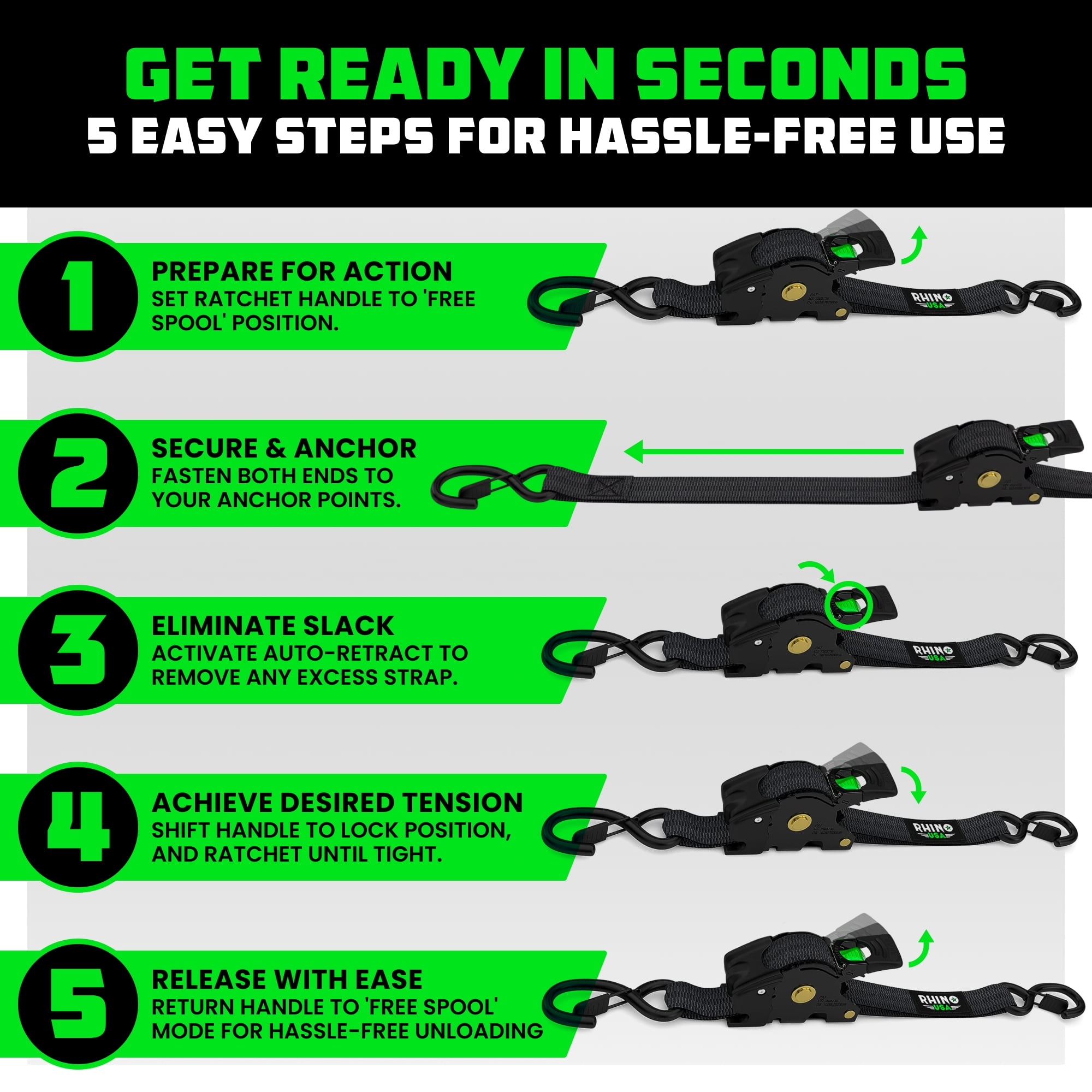 Rhino USA Retractable Ratchet Straps Heavy-Duty Cargo Tie Downs (Black, 4-Pack, 1 in x 10 ft) p9yru