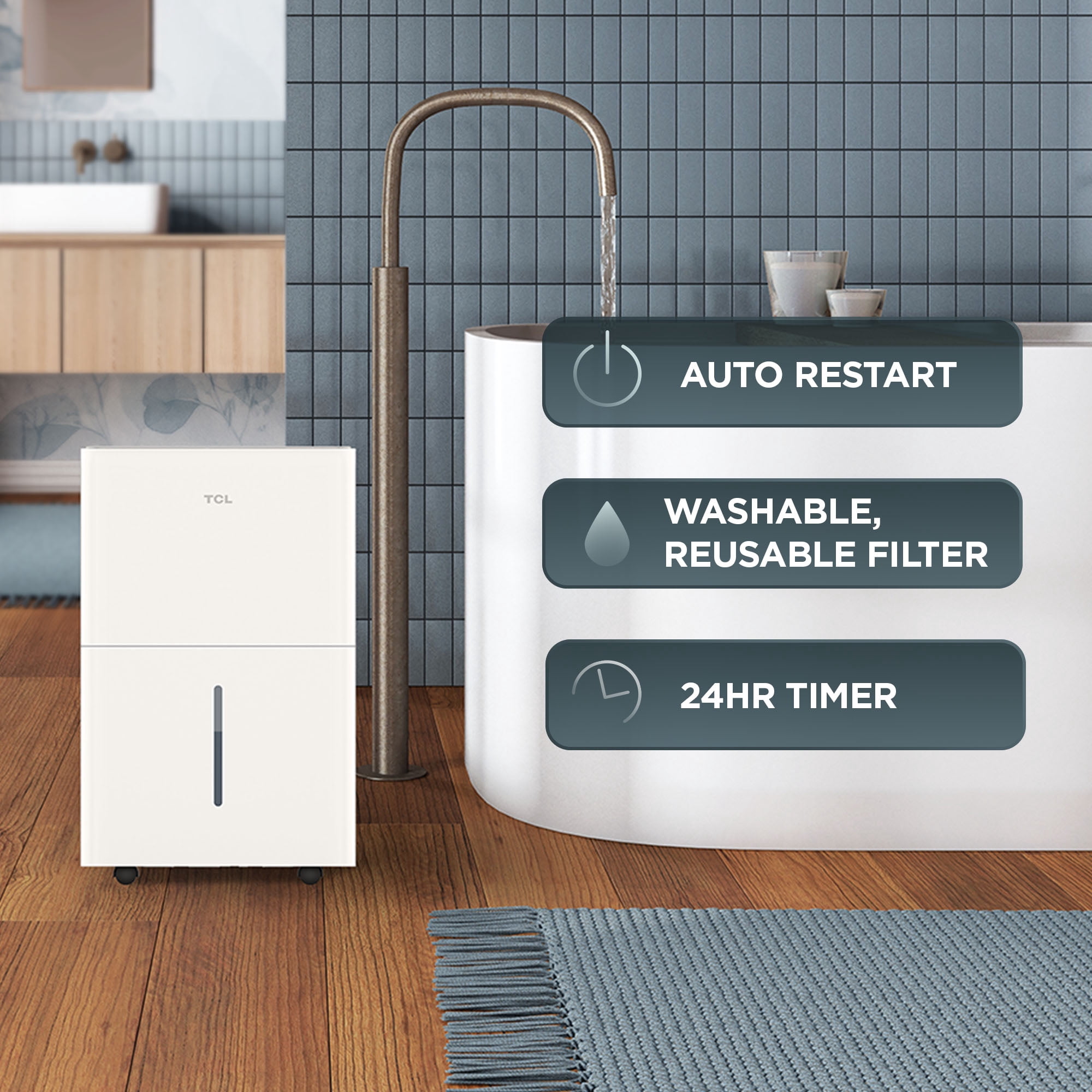 TCL 25 Pint Smart Dehumidifier, Energy Star Certified, Quiet Operation, App-Controlled, Portable Design (White, 25 Pint) yqem7