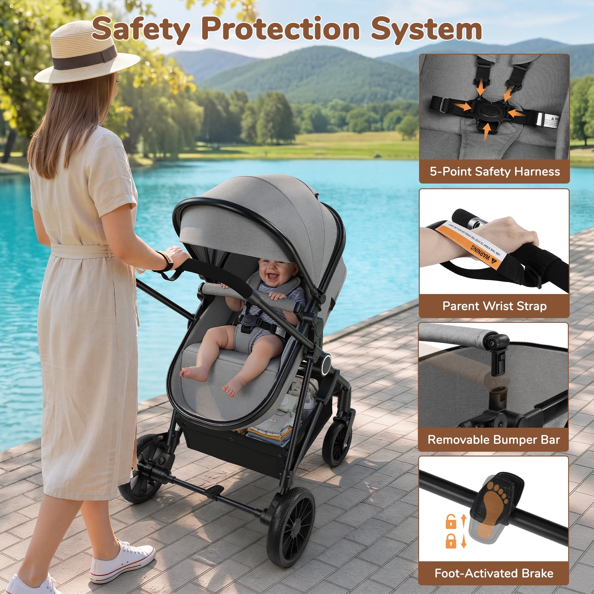 Vomeast Foldable Lightweight Travel Stroller with Reversible Seat and 5-Point Harness (Grey, 33 lb Capacity) 1lvg6