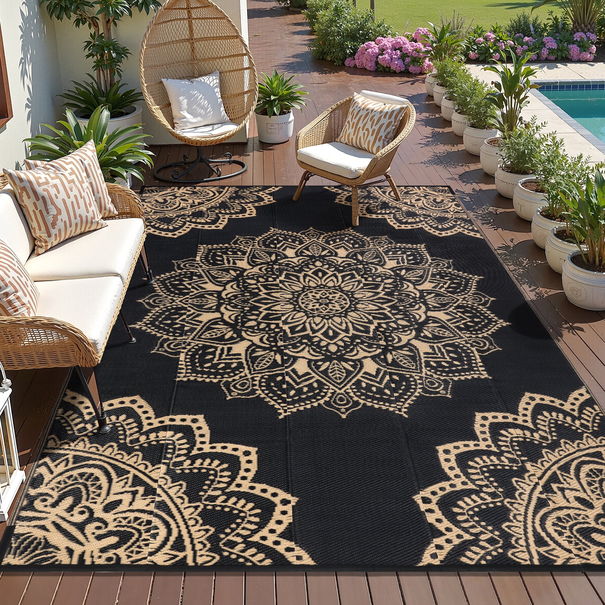 Findosom Reversible Outdoor Rug, Waterproof Plastic Straw Area Rug for Patio, RV, Camping, and Beach (Black, 6 ft x 9 ft) jgr0q
