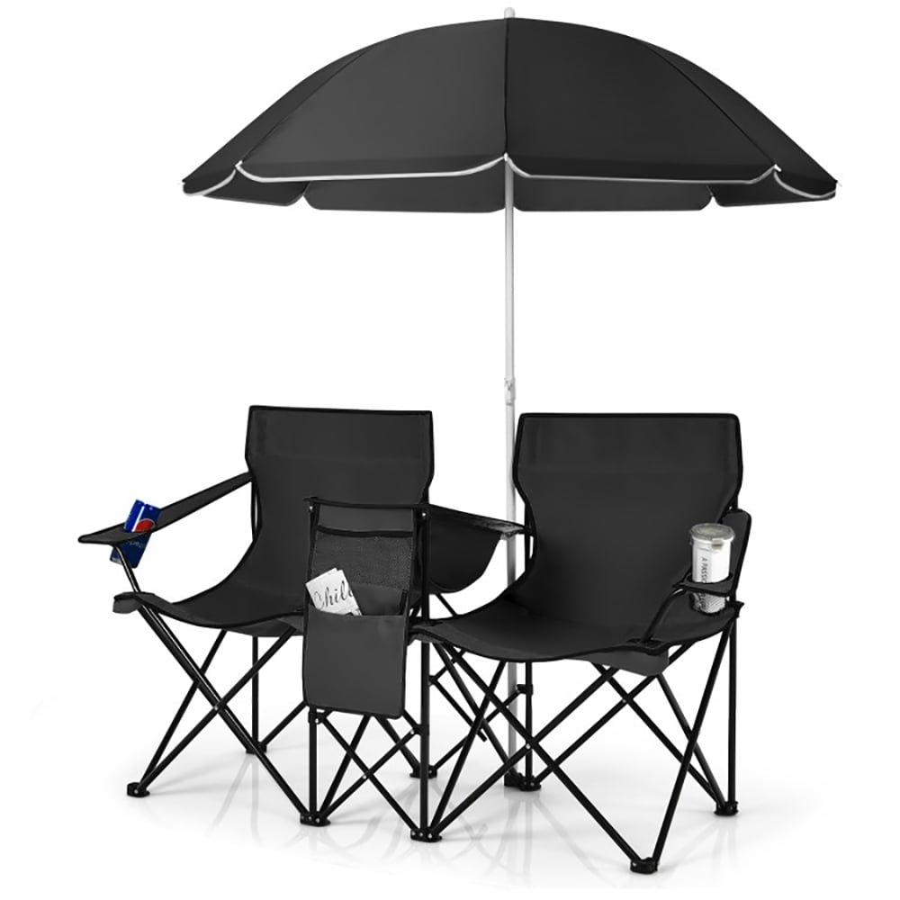 Kadyn Double Folding Camping Chair with Umbrella, Portable Outdoor Picnic Loveseat with Cooler Bag (Black, 2-Seat) vqnre