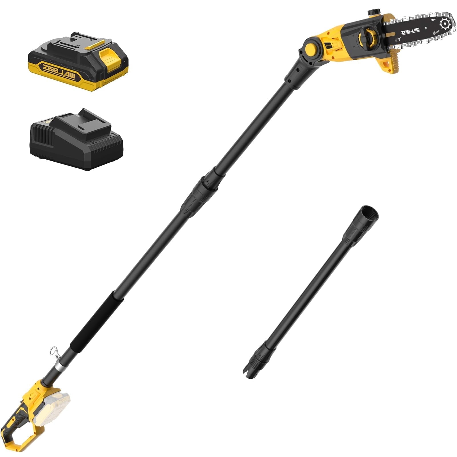 ZEGJAW Cordless Pole Saw for Tree Trimming, Electric Pruning Saw with 8 in Bar, 15 ft Max Reach (Black, 20V Battery & Charger Kit) mm5vz