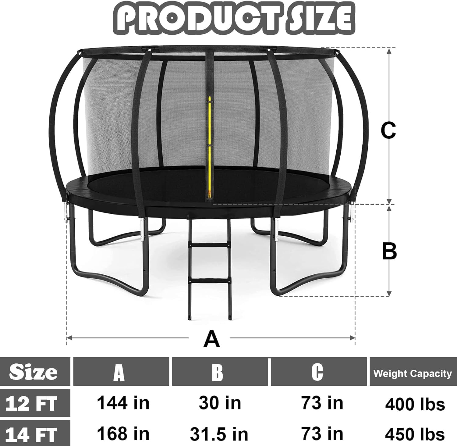 LIZEVINC 12 ft Outdoor Recreational Trampoline with Safety Enclosure Net and Ladder (Black, 12 ft) ht0pm