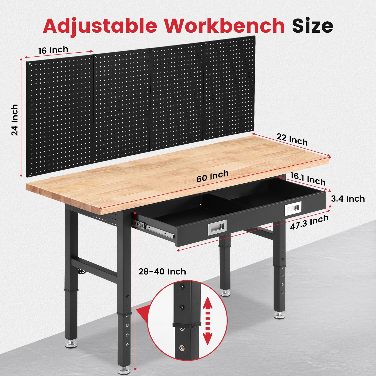 ENJOYWOOD Heavy Duty Garage Workbench with Pegboard and Drawers (Brown, 60 in) a6cz5