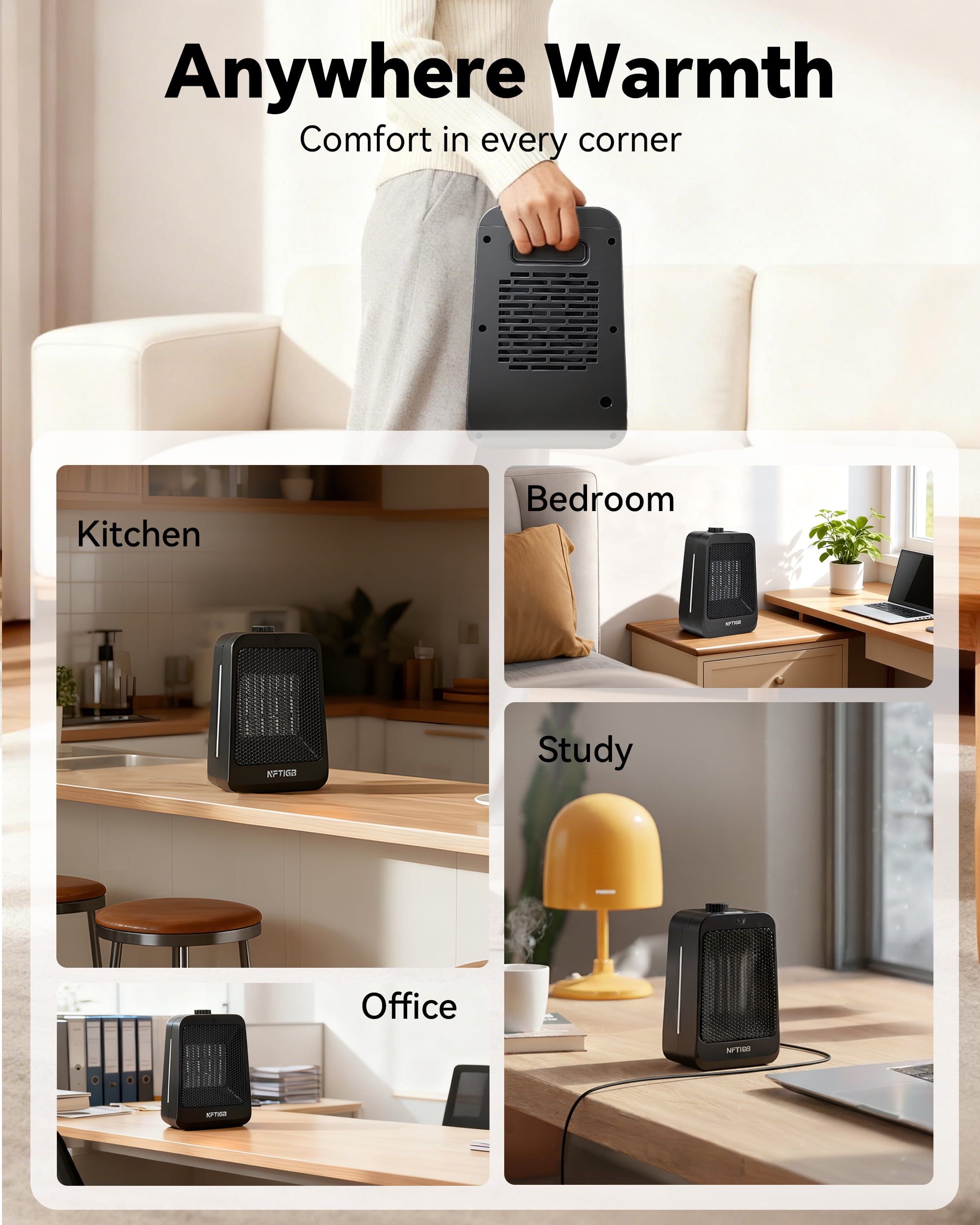 NFTIGB 1500W PTC Ceramic Space Heater, Portable Desktop Electric Heater for Home and Office (Black, 4.33 in x 5.91 in x 9.06 in) 5o5vy