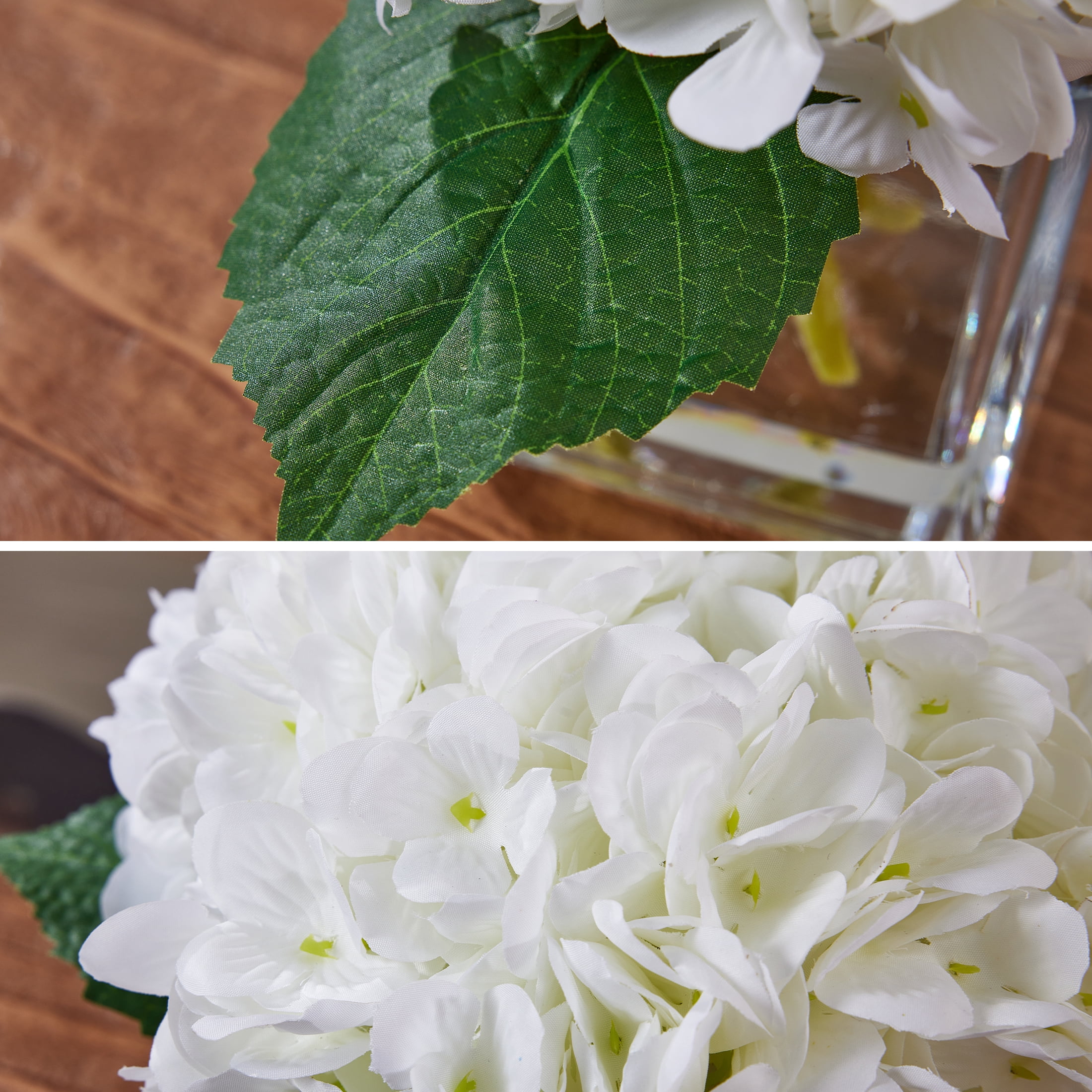 DR.Planzen Artificial White Hydrangea Floral Arrangement in Square Glass Vase (White, 8.3 in) 5zzzj