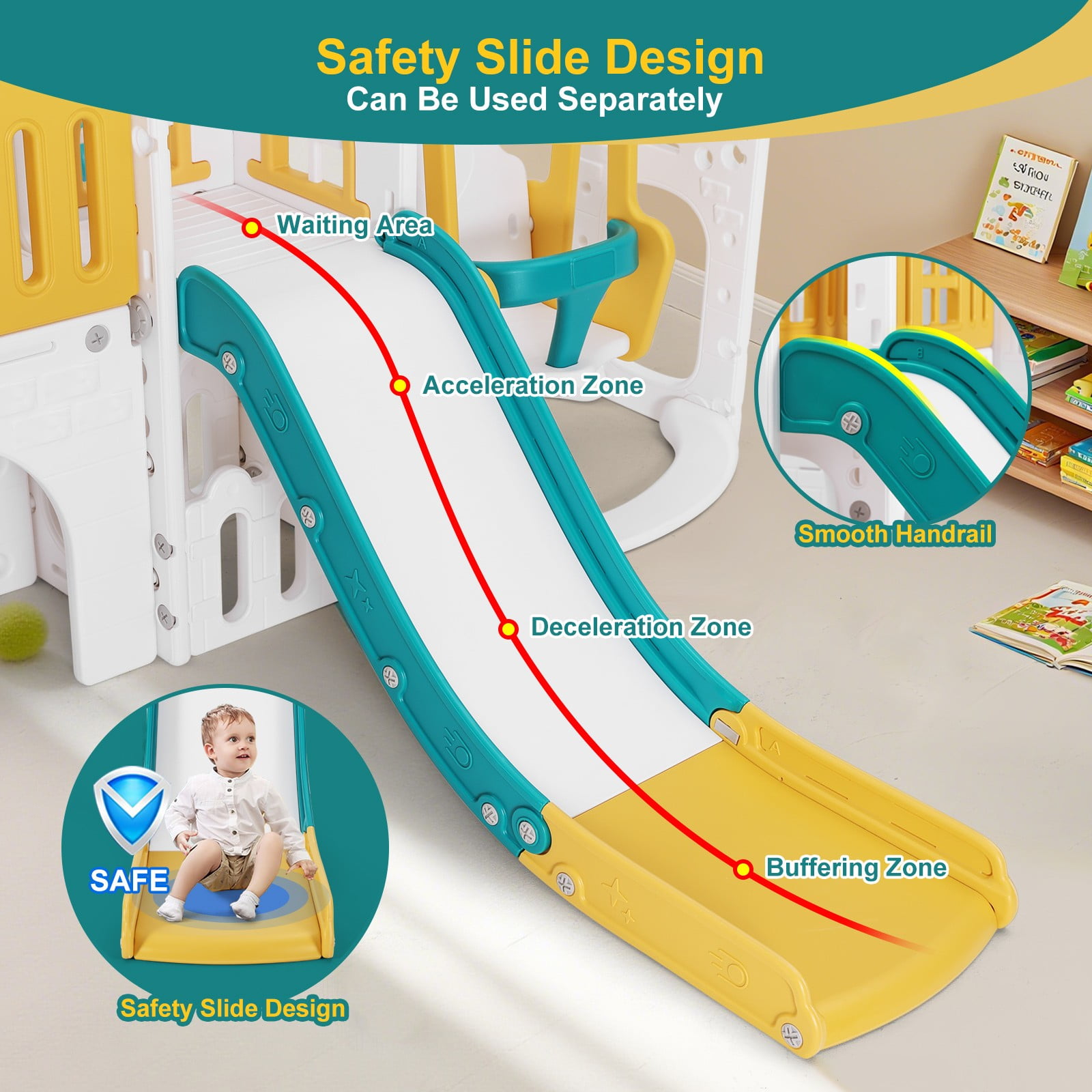 Joyldias 10-in-1 Toddler Slide and Swing Playset with Playhouse and Basketball Hoop (Green, Yellow, White) aeisf