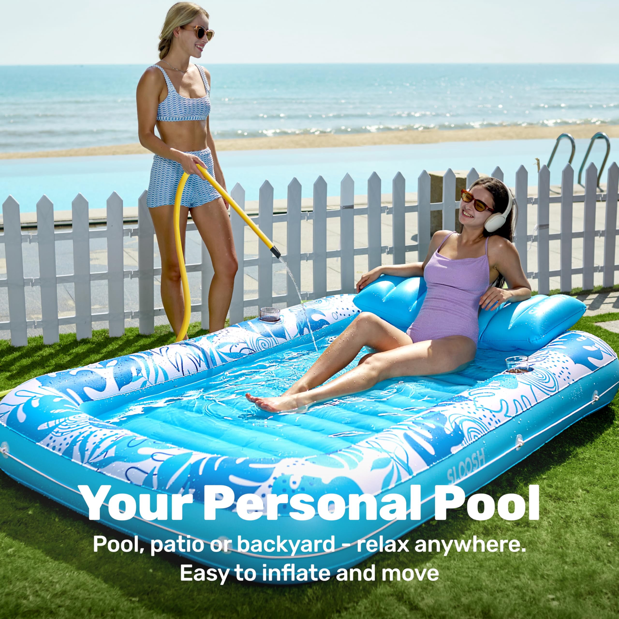 SLOOSH Inflatable Tanning Pool Lounger Float, Extra Large Suntan Bed for Adults (Blue, 85 in x 57 in) g1yek
