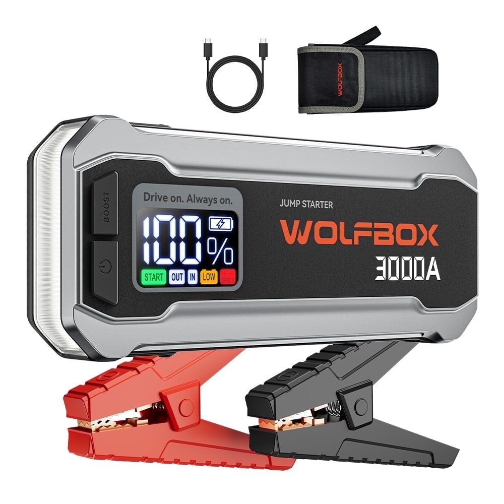 WolfBox 3000A Car Battery Jump Starter, Portable Emergency Power Pack with LED Light and USB Quick Charge (16000mAh) hokik
