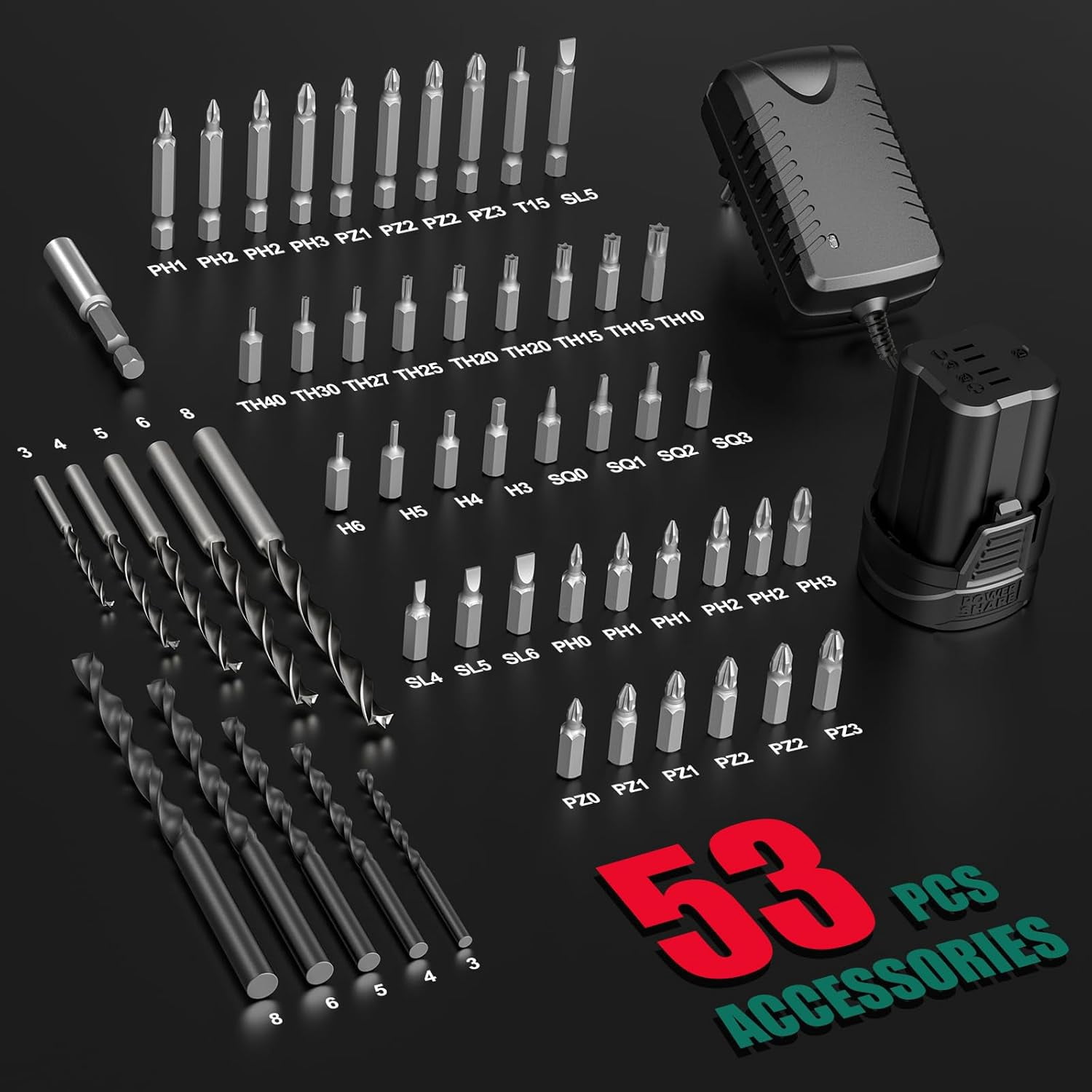 HYCHIKA Brushless Cordless Drill Driver Set with 53-Piece Accessory Kit, 16.8V Power Drill with 410 in-lb Torque, 3/8 in Keyless Chuck, LED Light (Green, 1 Battery) 2izte
