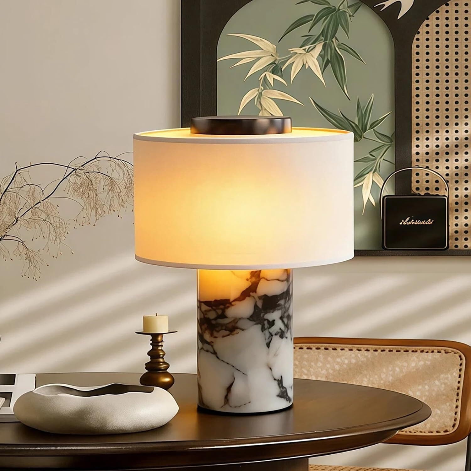 Generic Marble Table Lamp Rechargeable LED Nightstand Light with USB Port (White, 7 in x 10 in) jd5a4