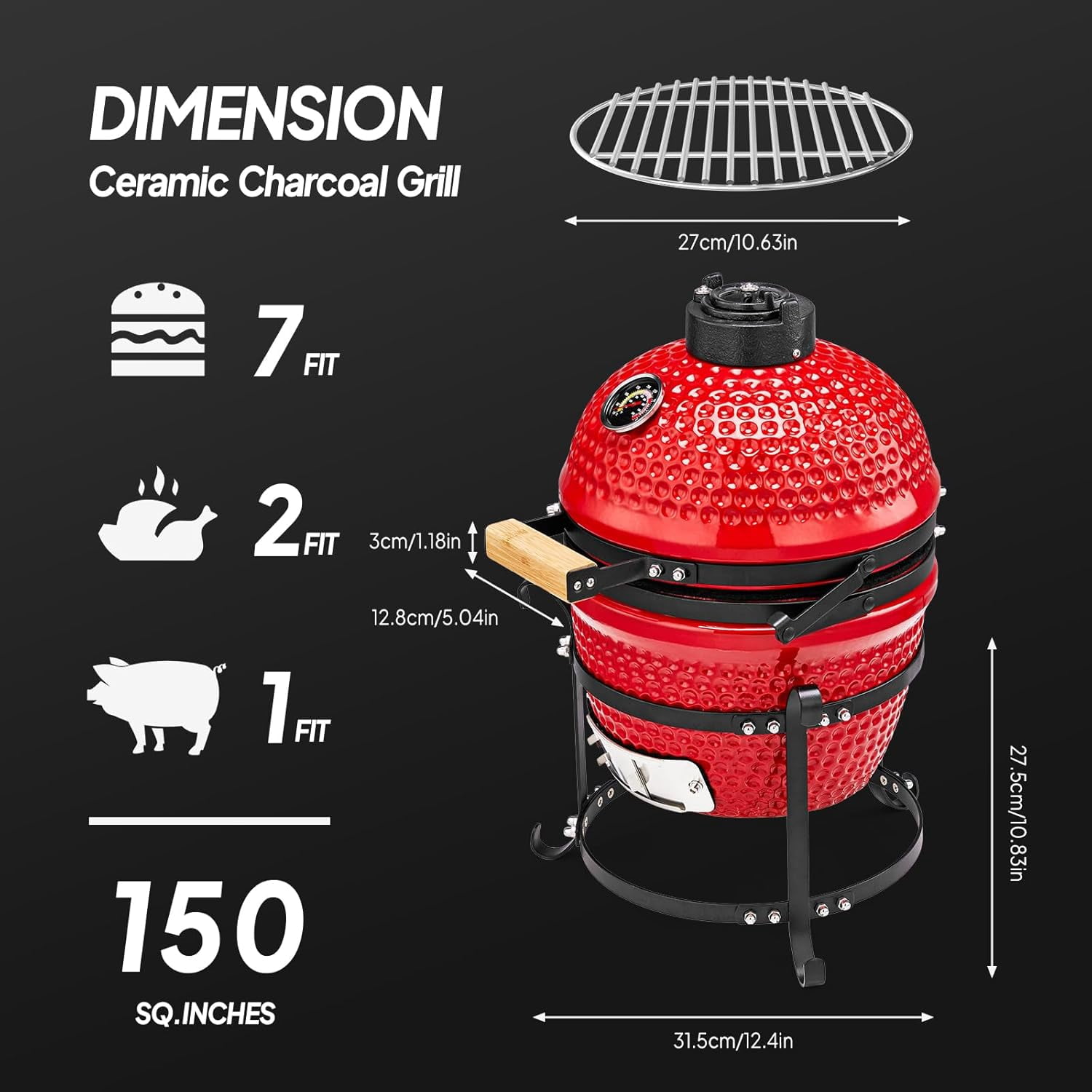 RovSun 13 in Ceramic Charcoal Grill, Portable Kamado BBQ Smoker for Outdoor Cooking (Red, 13 in) qgv4x