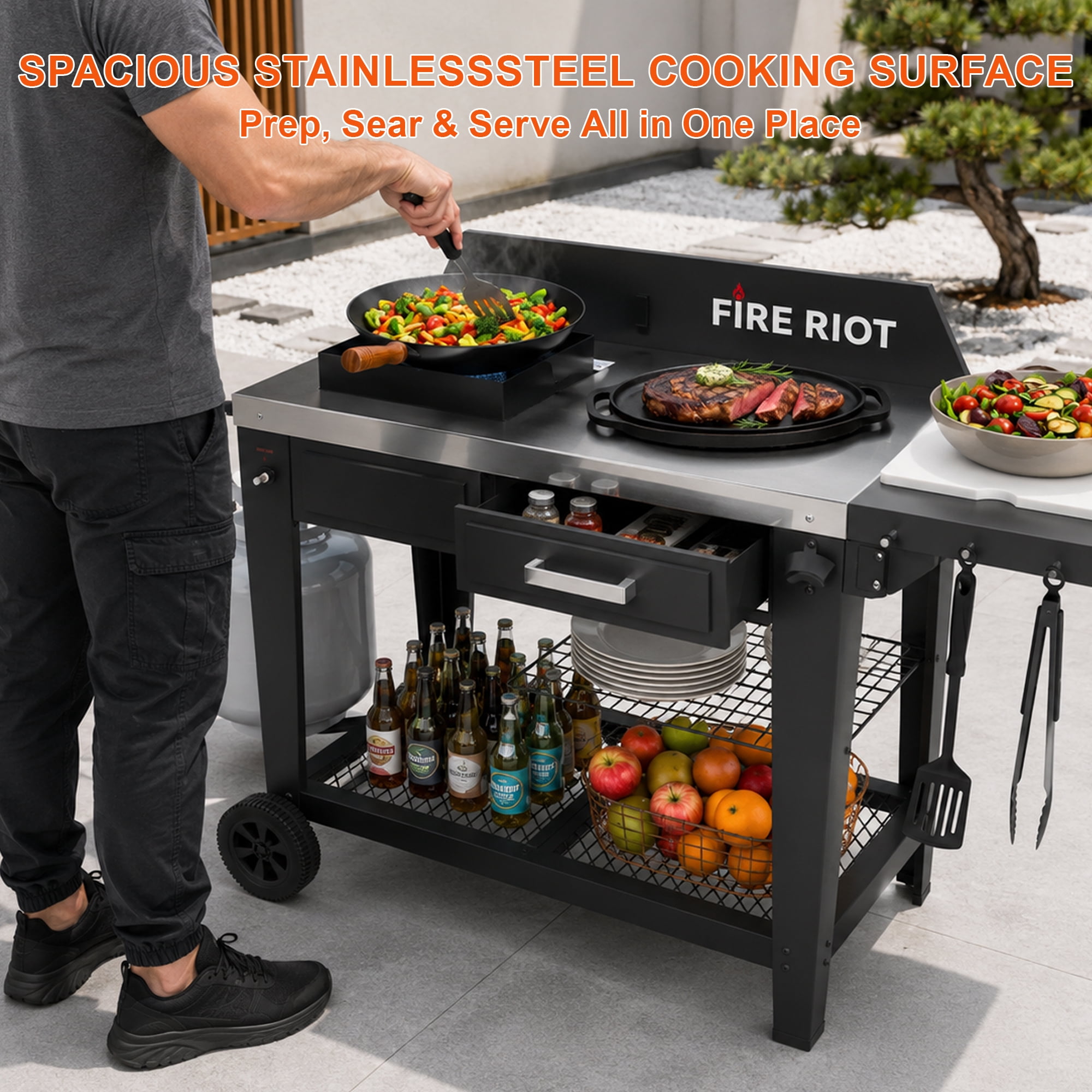 FIRE RIOT Outdoor Wok Burner and Propane Fryer Station with 12.6 in Carbon Steel Wok (Black, 50000 BTU) 8f1he
