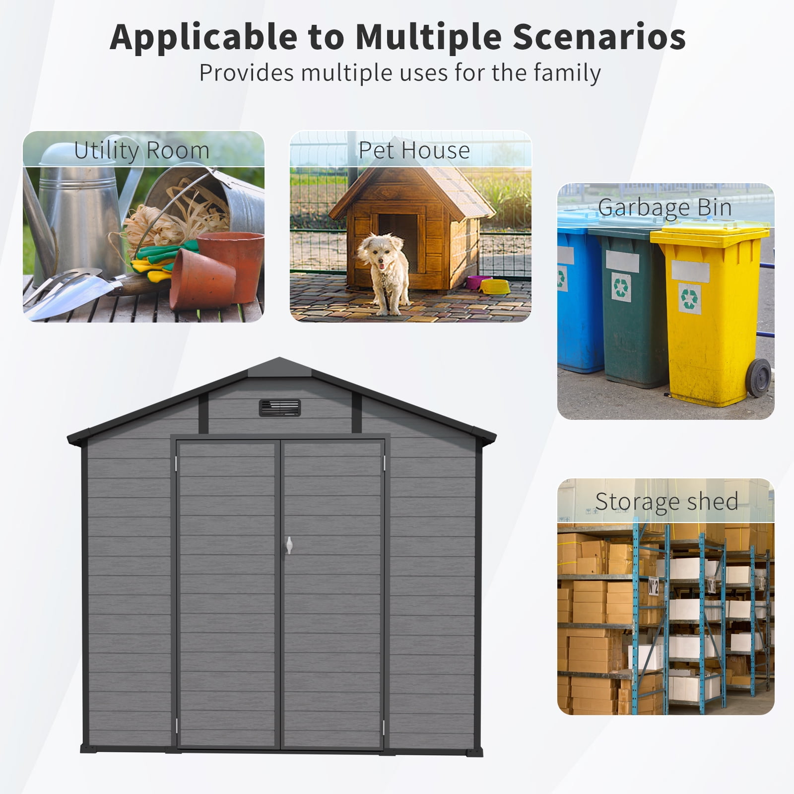 HomeMindful Large Outdoor Storage Shed, Weather-Resistant Resin Tool Shed with Floor, Skylight, and Lockable Double Doors (Dark Gray, 8x10 ft) px7hx