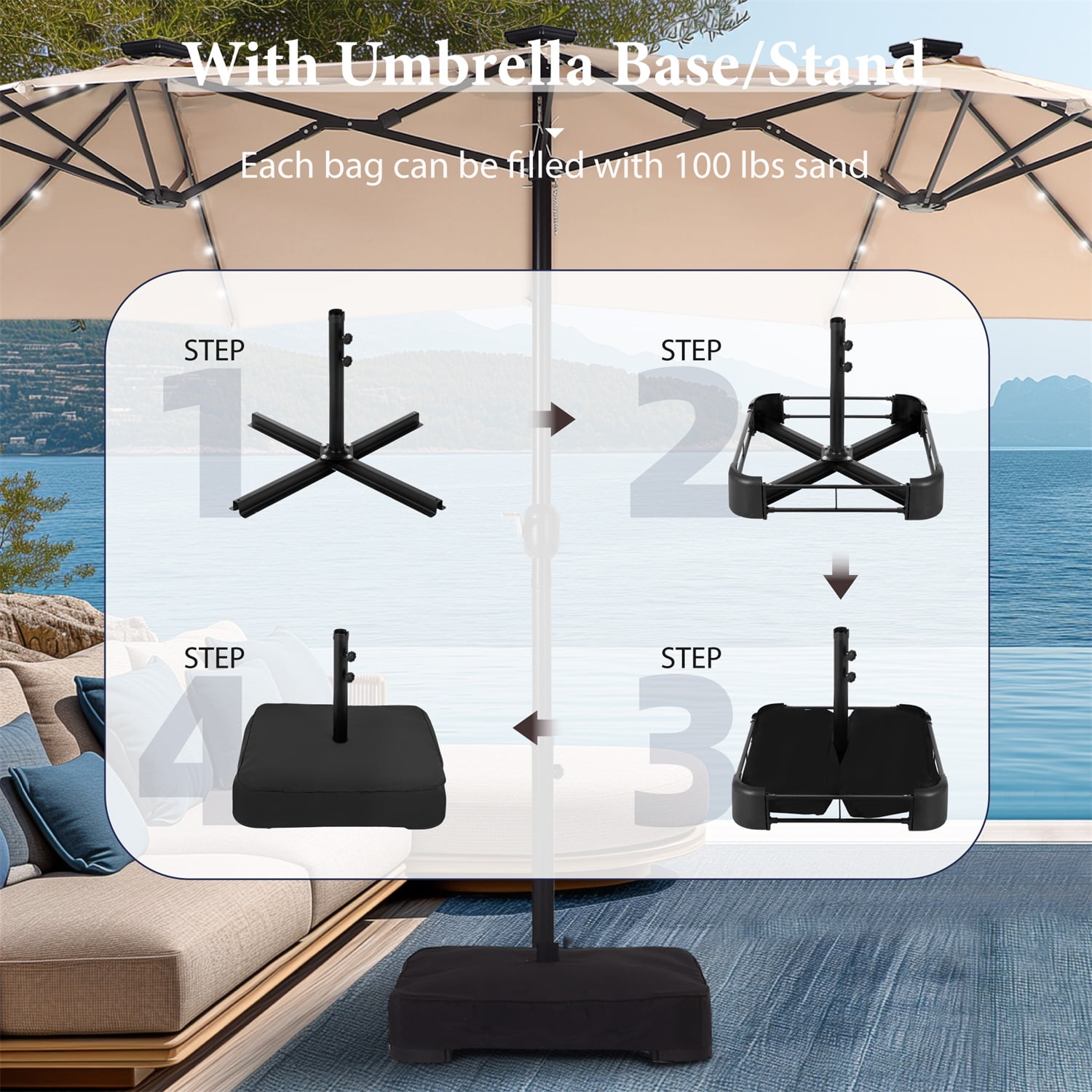 Summit Living 15ft Double-Sided Solar Patio Umbrella with LED Lights and Base (Beige, 15 ft) lu4o0