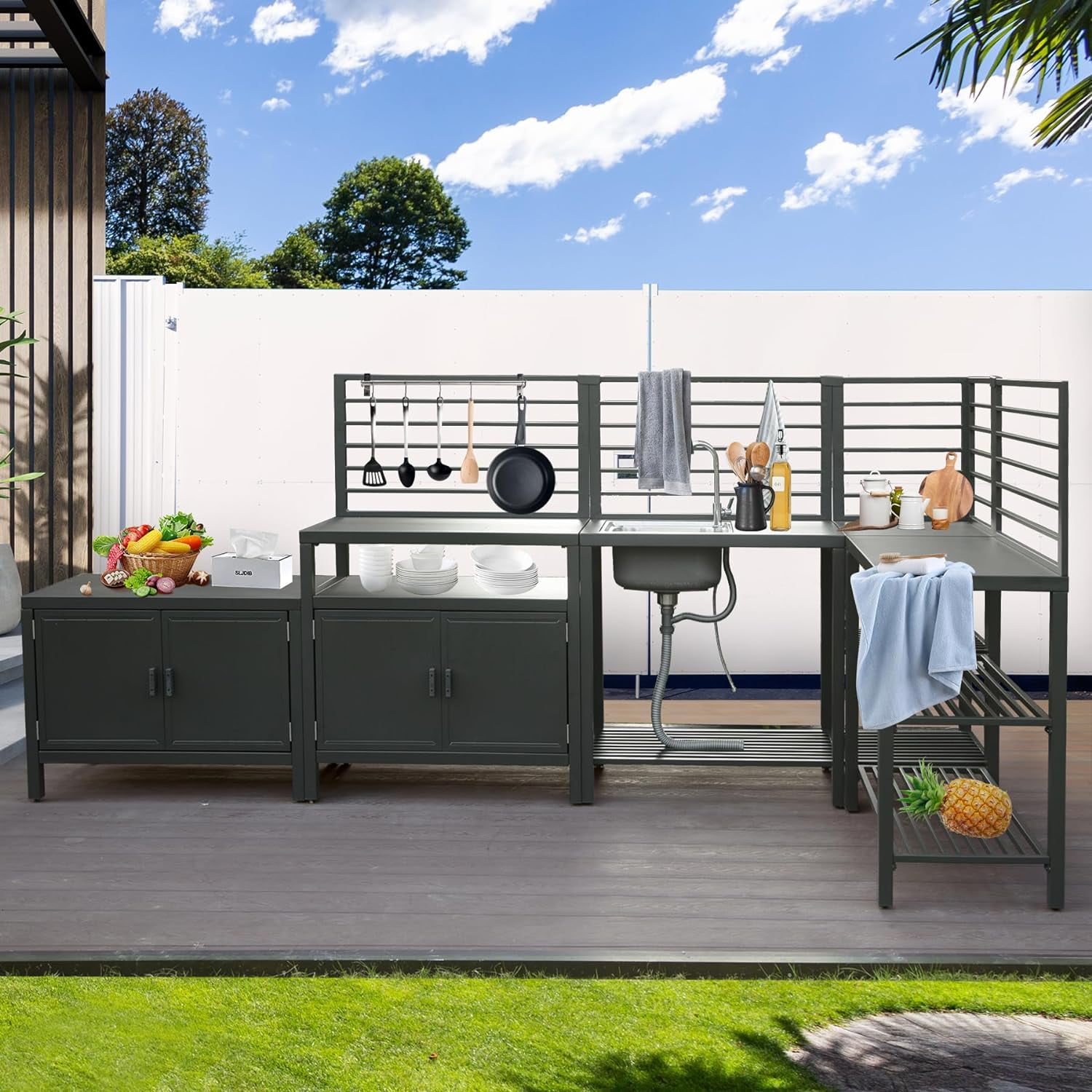 Domi Outdoor Living 5-Piece Modular Outdoor Kitchen Set, Aluminum Storage Islands with Sink and Grill Cabinet (Grey, 5-Piece Set) 4p2rp