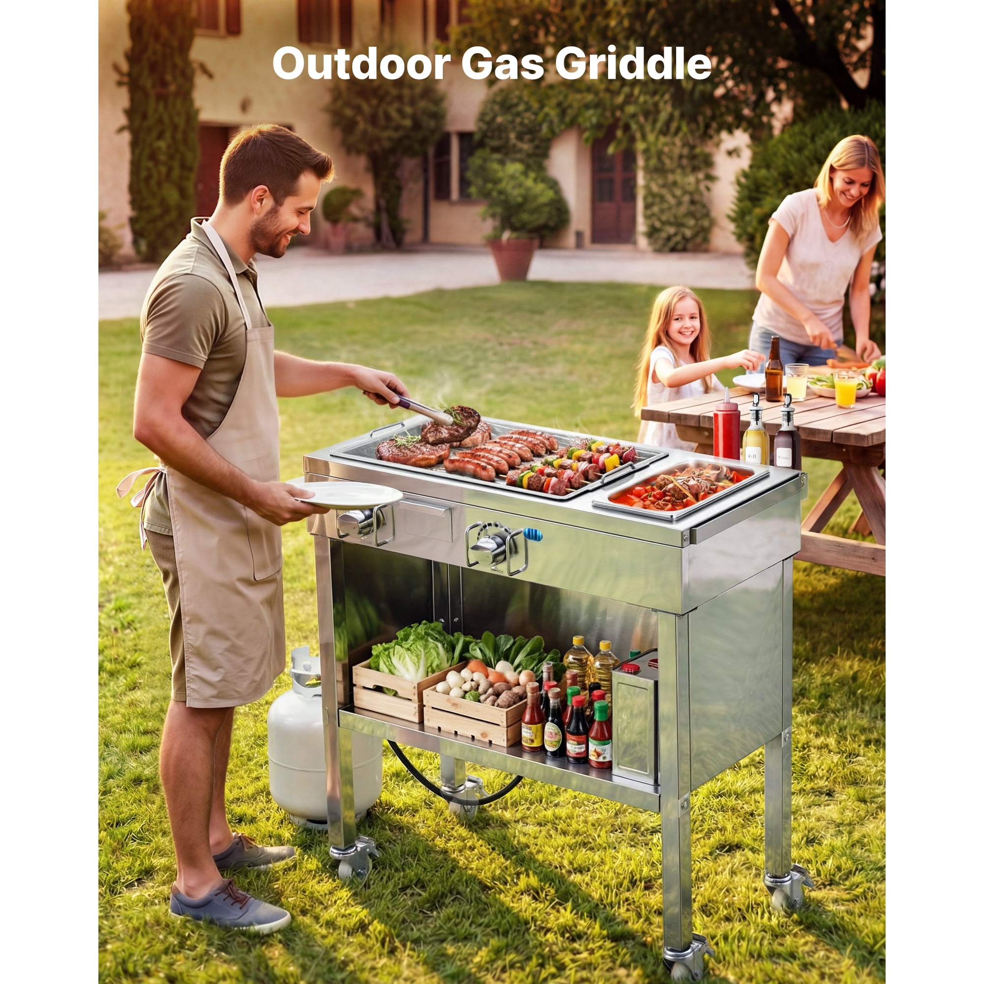 KFFKFF Outdoor Propane Griddle with 2 Burners, Stainless Steel Gas Cooking Cart with Lockable Wheels (Silver, 23,200 BTU) 57oed