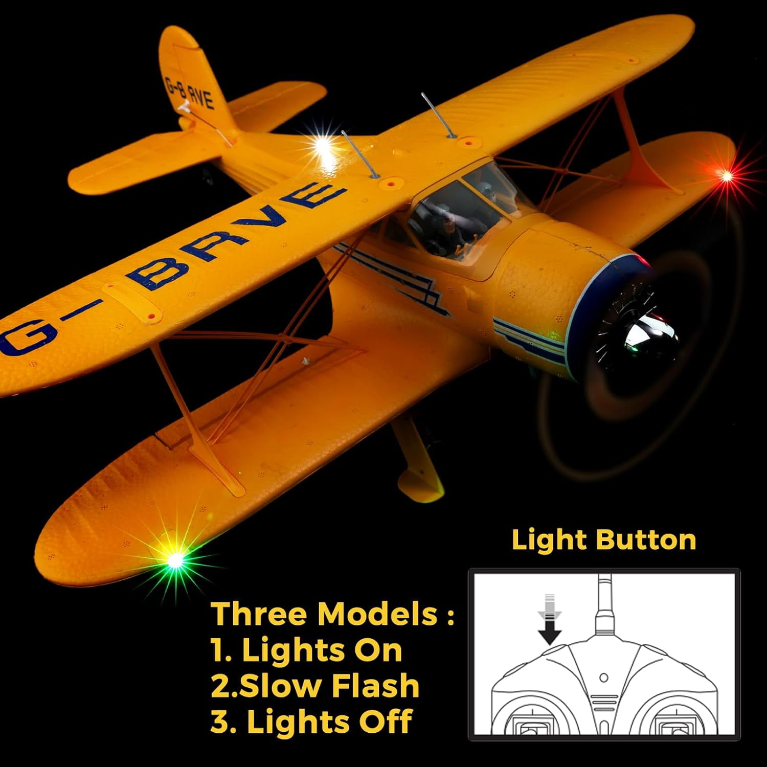 Bruce & Shark A300 RC Airplane Beechcraft D-17 4-Channel Brushless Remote Control Plane with Lights (Yellow, 2 Batteries) 35sy4