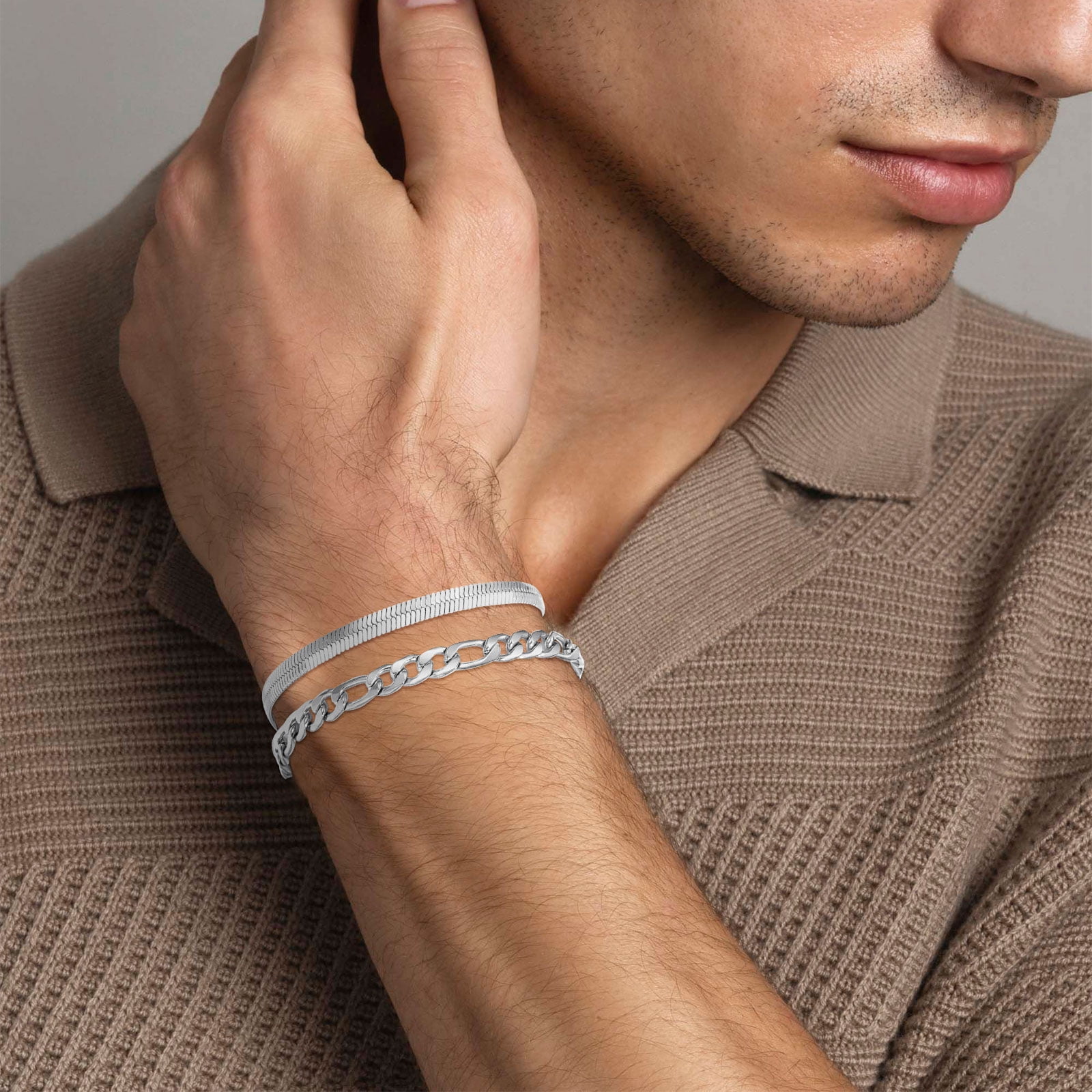 APSVO 3-Piece Sterling Silver Plated Chain Bracelet Set (Cuban, Figaro, Herringbone, Silver, 7 in) lrjaz