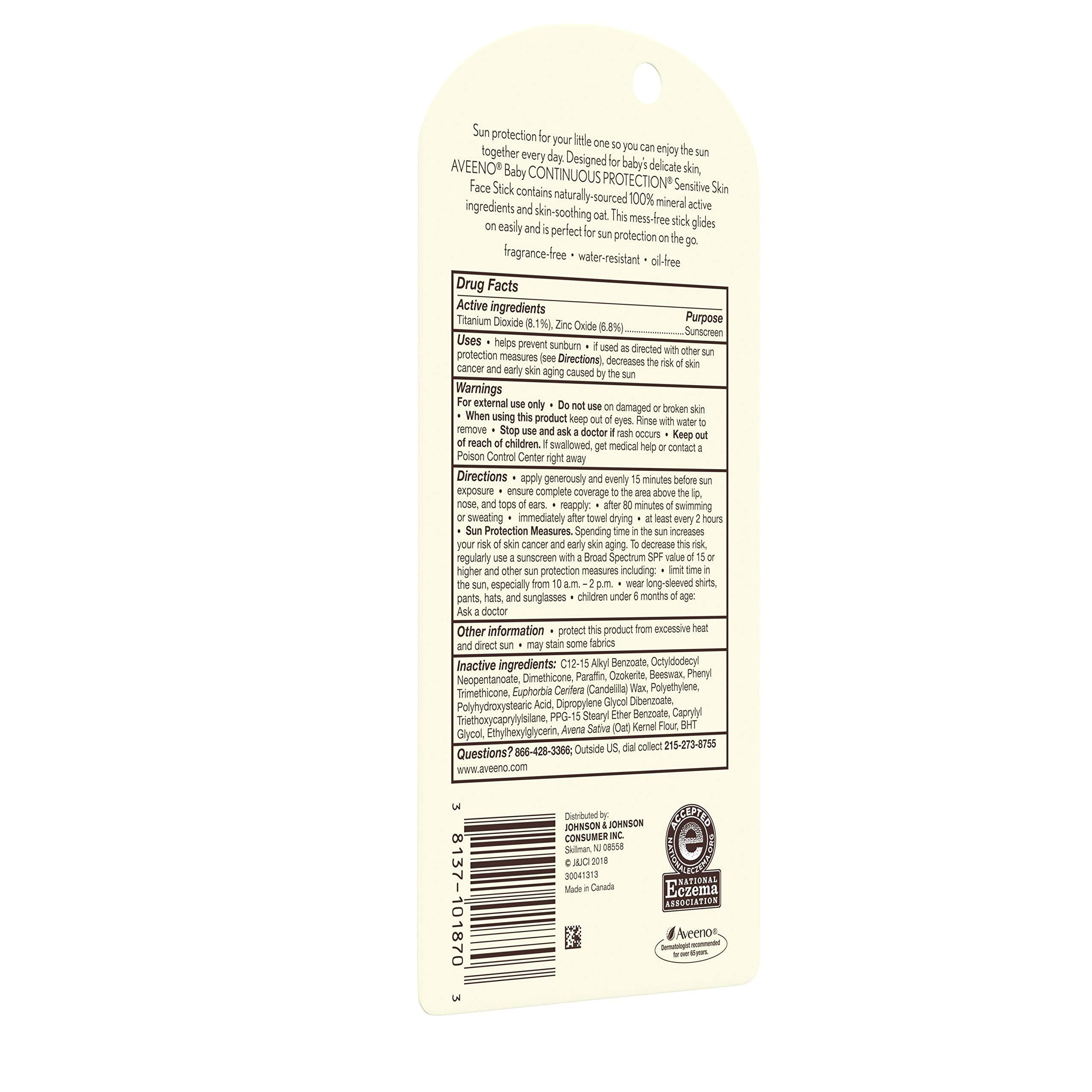 Aveeno Baby Continuous Protection Sensitive Skin Mineral Sunscreen Stick SPF 50 (0.5 oz, Pack of 2) 8u89n