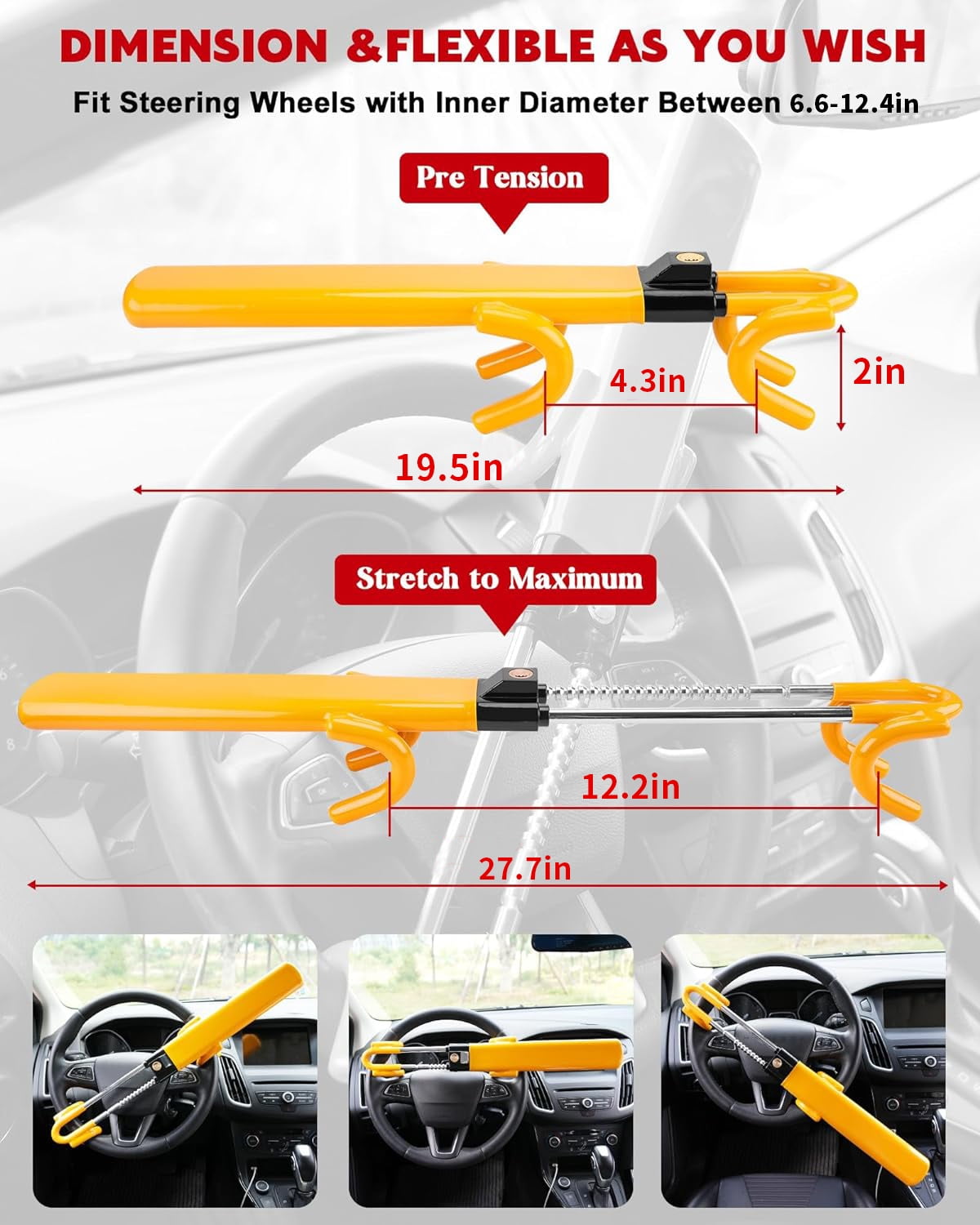 MRSXXNTY Steering Wheel Lock Heavy Duty Anti-Theft Security Device with 3 Keys (Yellow, 6.6 in to 12.4 in) ypzx3