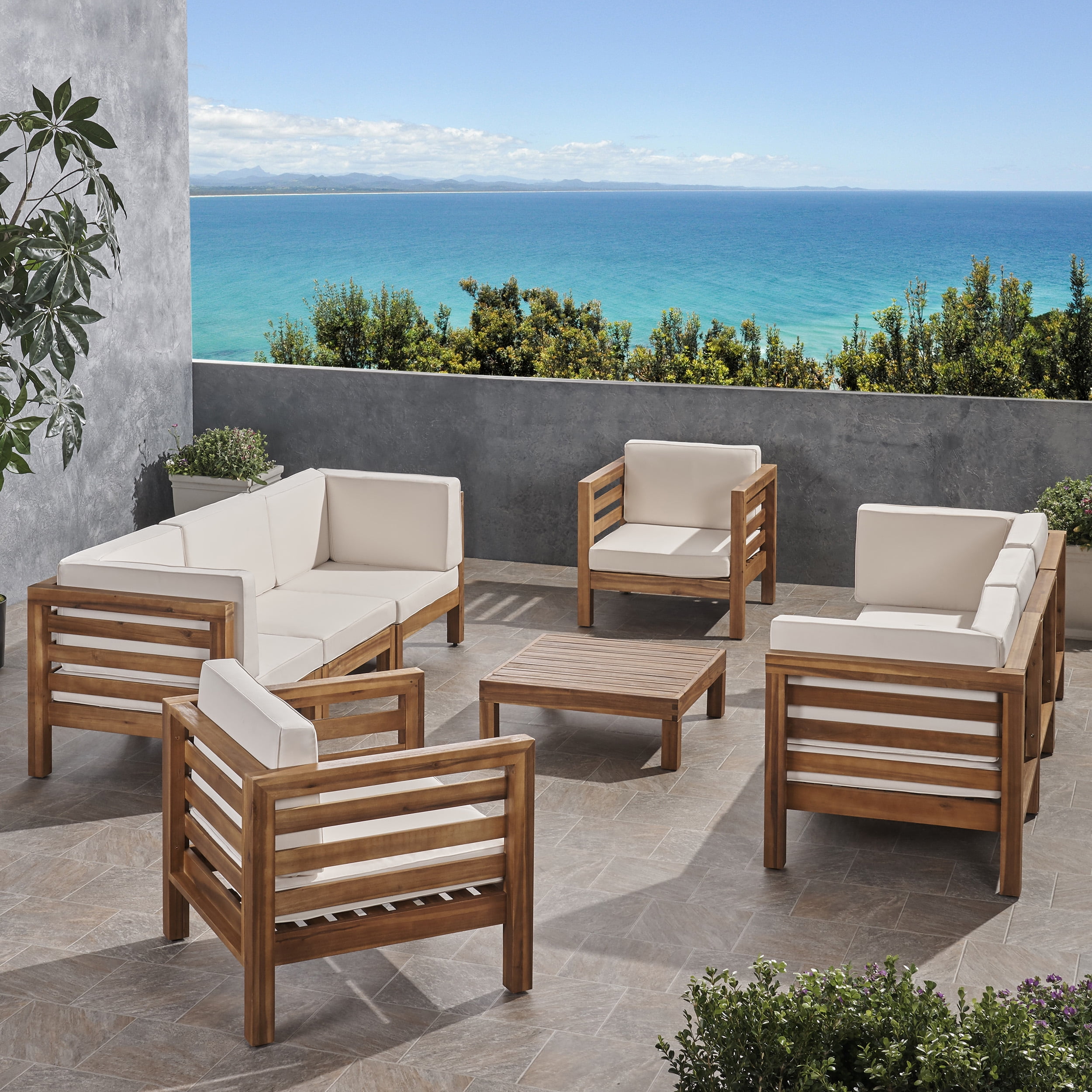 Noble House Frankie Outdoor 8-Seater Acacia Wood Sofa and Club Chair Set (Teak and Beige, 9-Piece Set) swd84