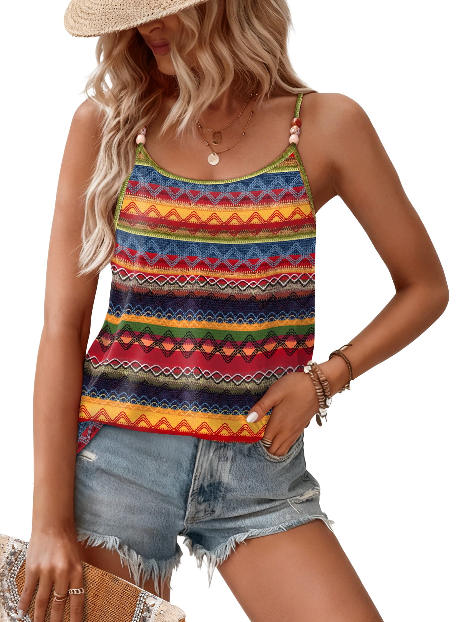 WIHOLL Women's Beaded Spaghetti Strap Tank Top Flowy Lace Scoop Neck Sleeveless Summer Cami (White, M) w0gde