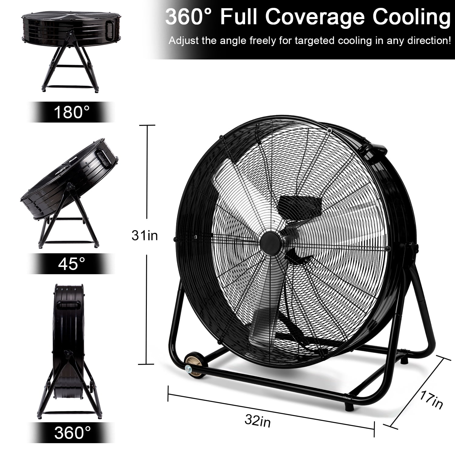 VAJIAZA 30 in Industrial High Velocity Drum Fan, Heavy Duty Air Circulator with 360° Tilt and 3 Speeds (Black, 30 in) e4que