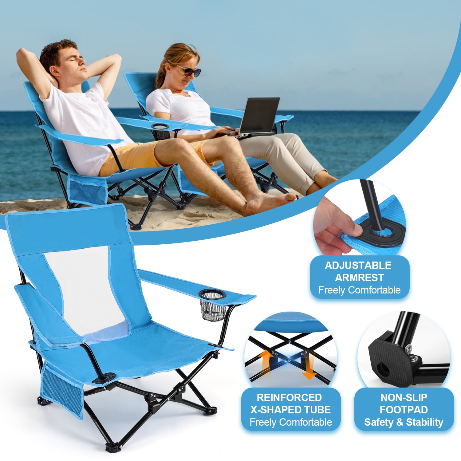 Coliware Folding Backpack Beach Chair, Heavy-Duty Portable Camping Chair with Cup Holder (Blue, 17.5 x 17.7 x 26.2 in) 21um3