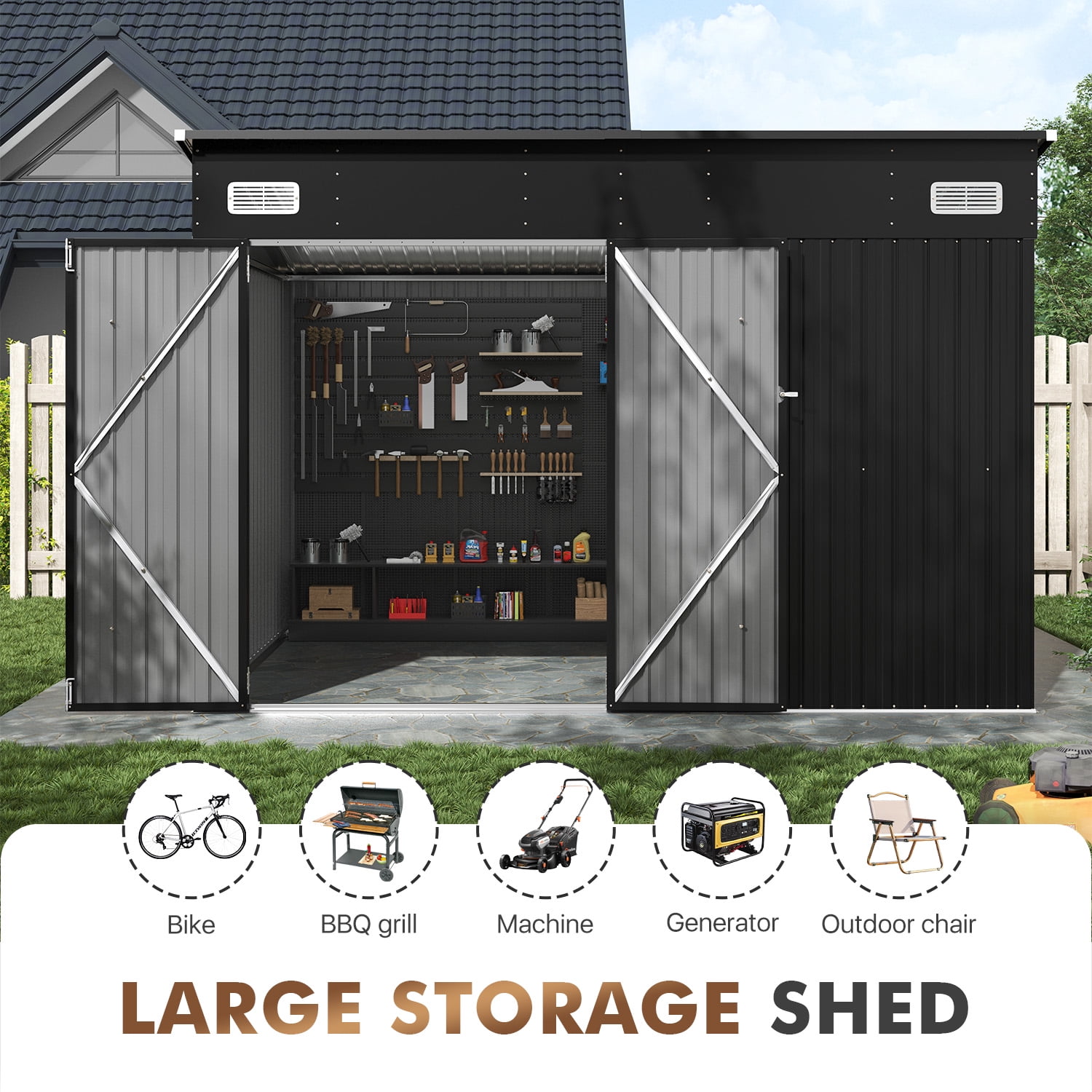 BaPiPro Lean-to Metal Storage Shed, Outdoor Garden Tool Organizer with Triple Lockable Doors and Vents (Black, 10 ft x 8 ft) tlqvs