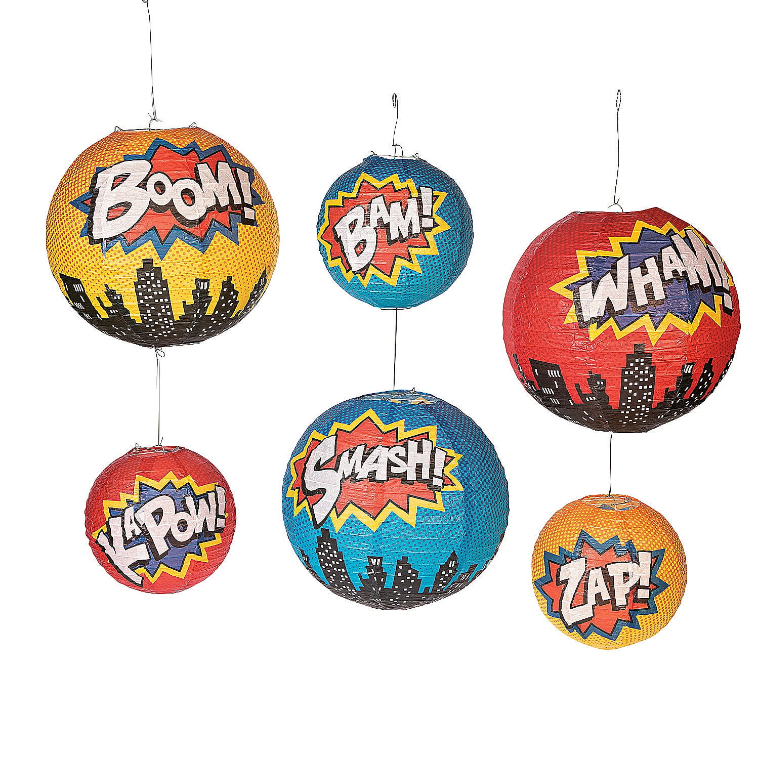 Fun Express Superhero Party Lanterns Decorative Hanging Paper Lights (Blue, 6 Pack, 8 in and 12 in) s10tz
