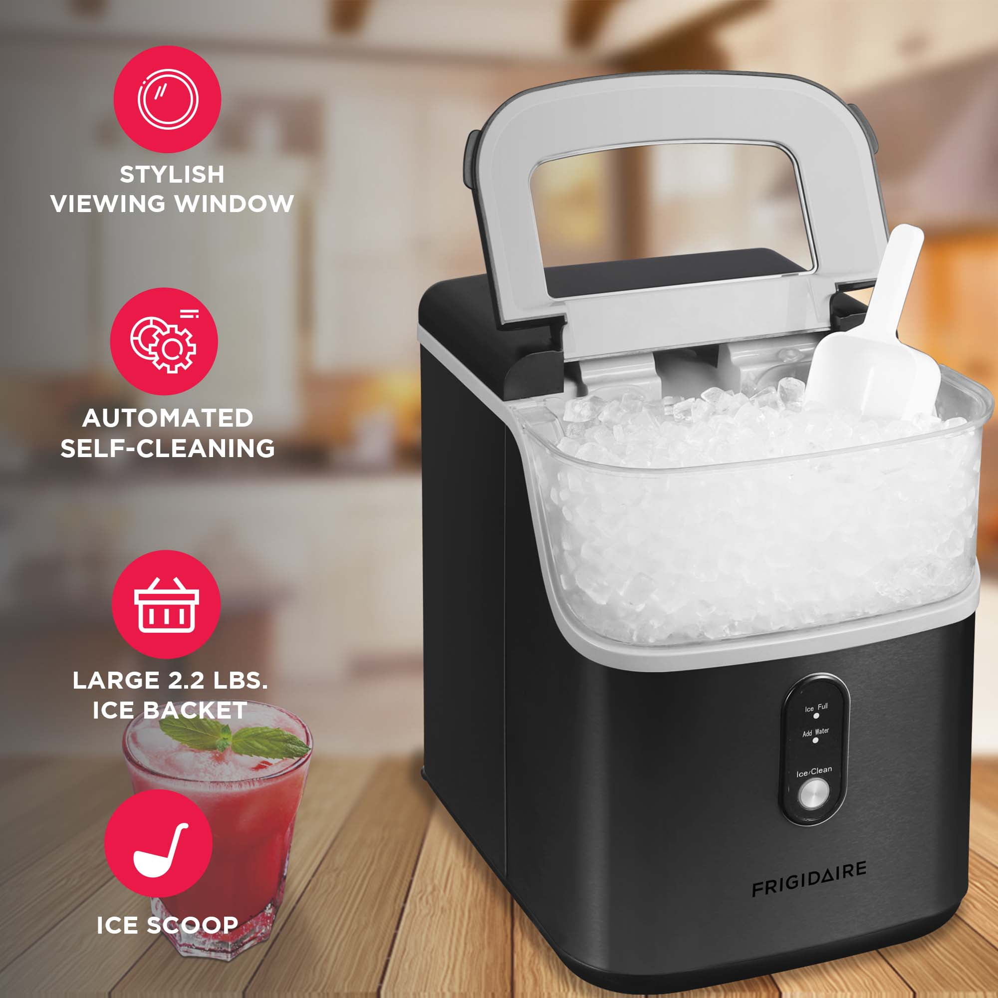 Frigidaire Countertop Nugget Ice Maker, Self-Cleaning Portable Ice Machine with Touch Controls (Black Stainless Steel, 33 lb Daily Capacity) kgs51