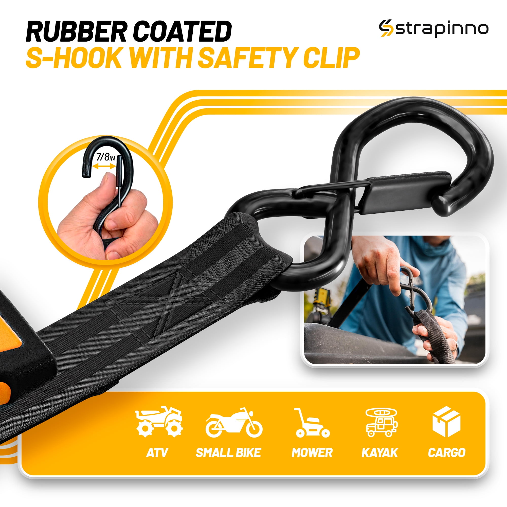 Strapinno Retractable Ratchet Straps with Rubber-Coated Handles and S-Hooks, Heavy-Duty Cargo Tie-Downs for Motorcycles and Bikes (Black, 4 Pack, 1 in x 10 ft) bz8oz
