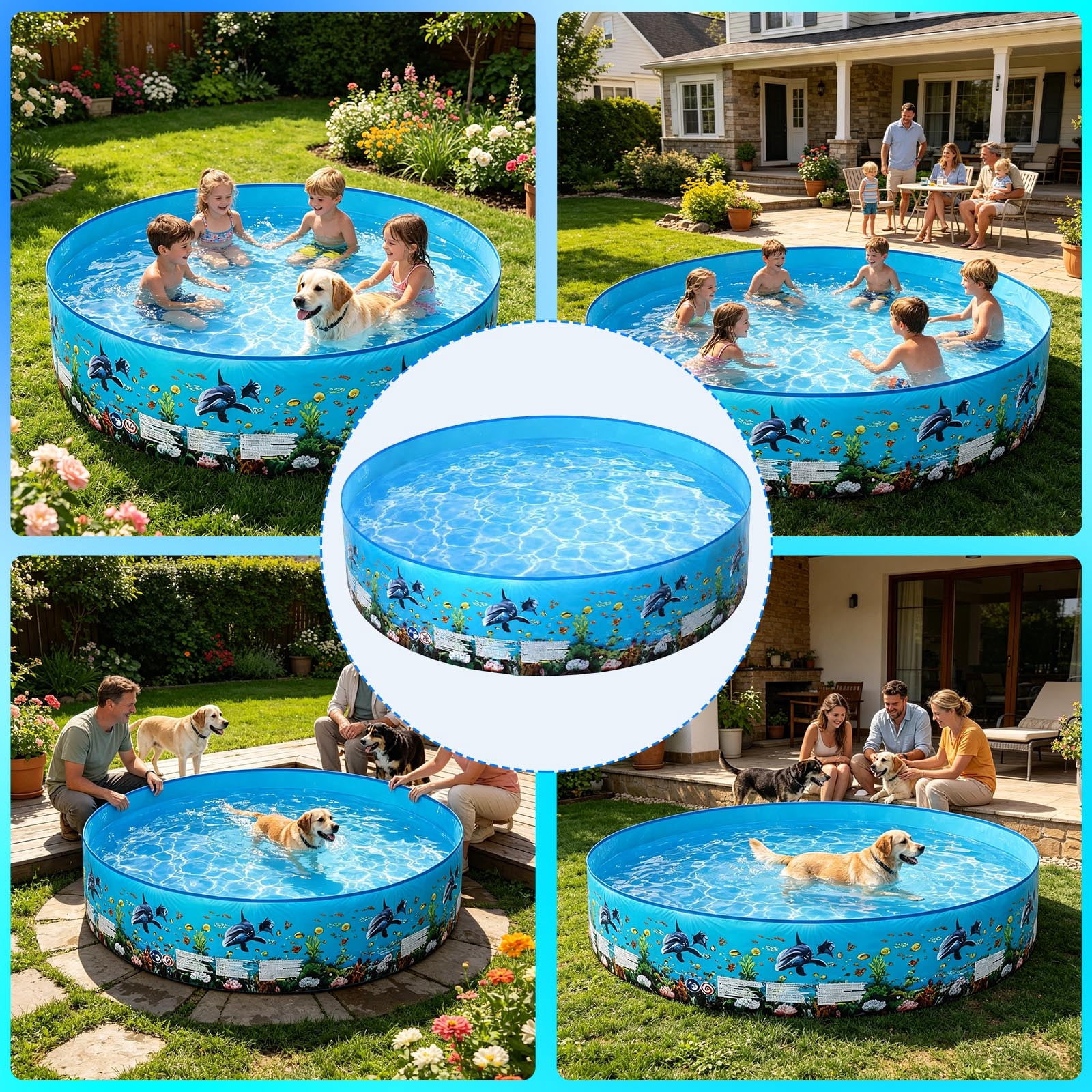 Lypsnake Inflatable Swimming Pool, Round Backyard Water Basin with Dolphin Pattern (Blue, 8 ft) usmgz