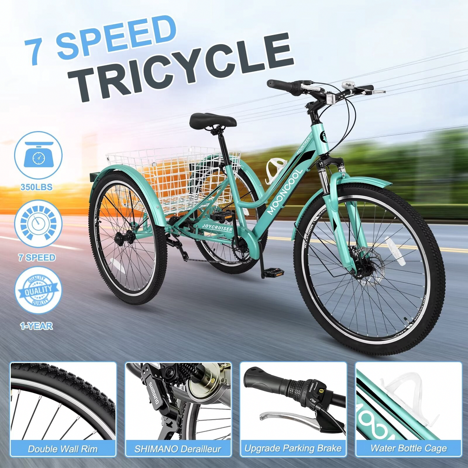 MOPHOTO Adult Mountain Tricycle 7-Speed Heavy Duty 3-Wheeled Bike with Large Storage Basket (26 in) 3qlsg